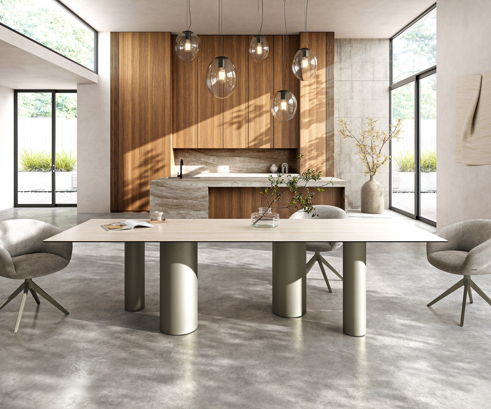 Table à manger Edge 300x100 céramique Laminam® Travertino Bianco crème-blanc Pilier métal effet finition titanee 1