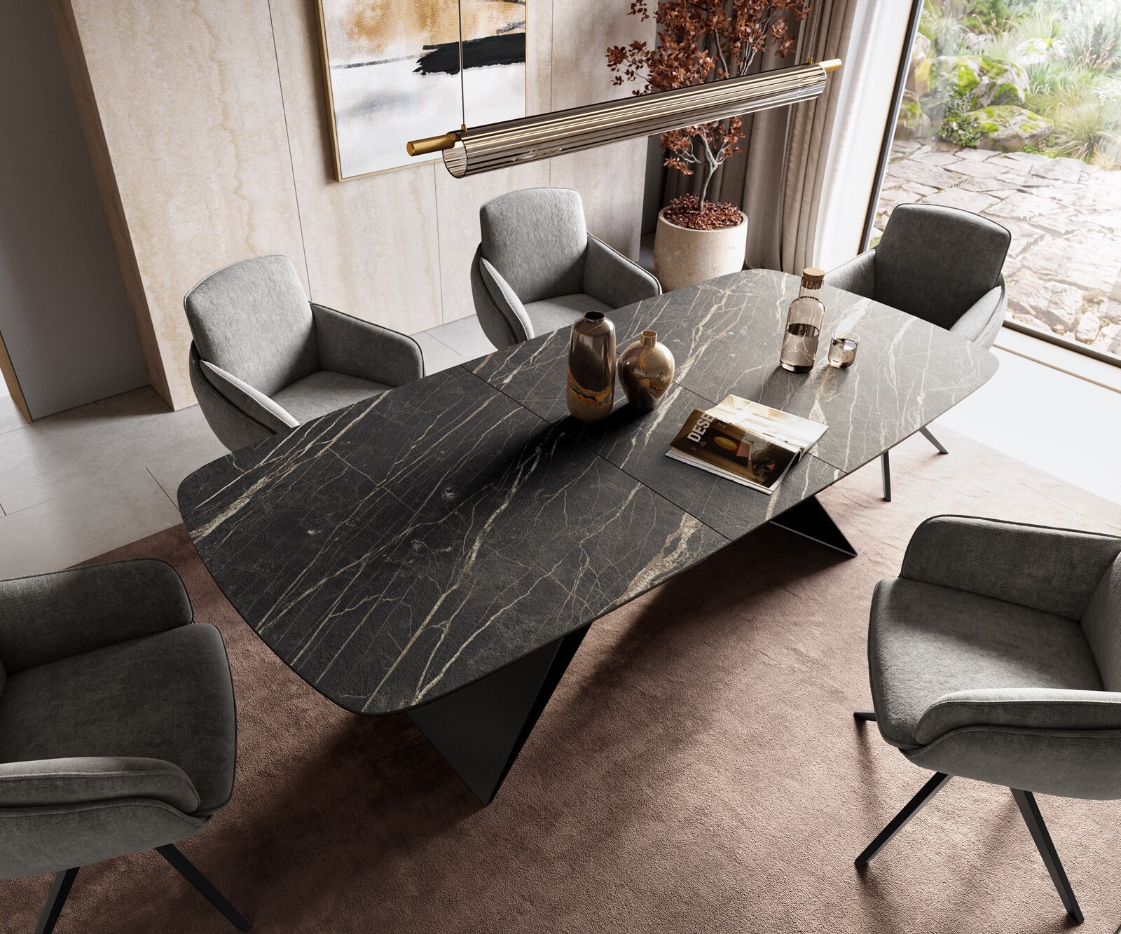 Esstisch Edge Boot 180-220x100 cm Laminam® Keramik Noir Desir Braun V-Gestell Flachstahl Schwarz ausziehbar 3