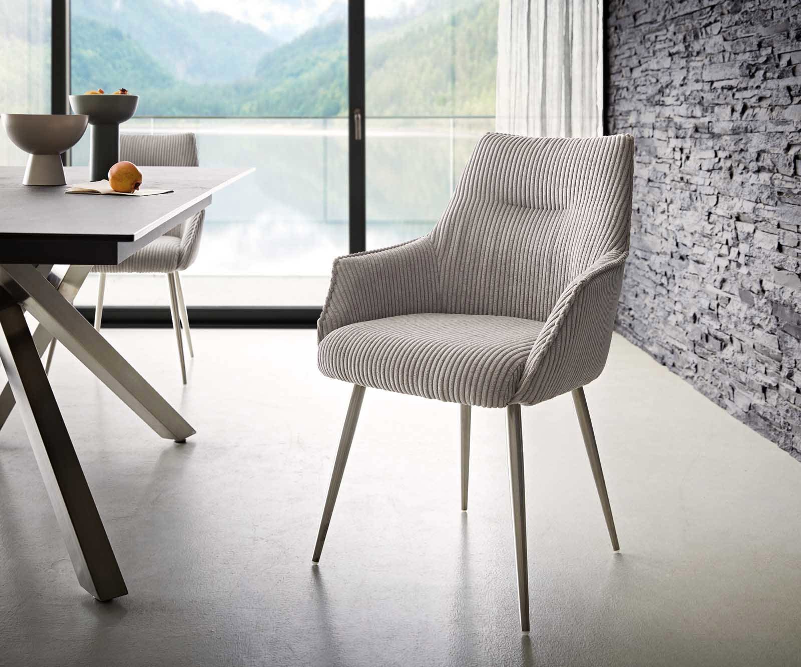 Esszimmerstuhl Alja-Flex mit Armlehnen Cord Silbergrau 4-Fuß konisch Edelstahl Taschenfederkern Esszimmerstuhl Alja-Flex mit Armlehnen Cord Silbergrau 4-Fuß konisch Edelstahl Taschenfederkern