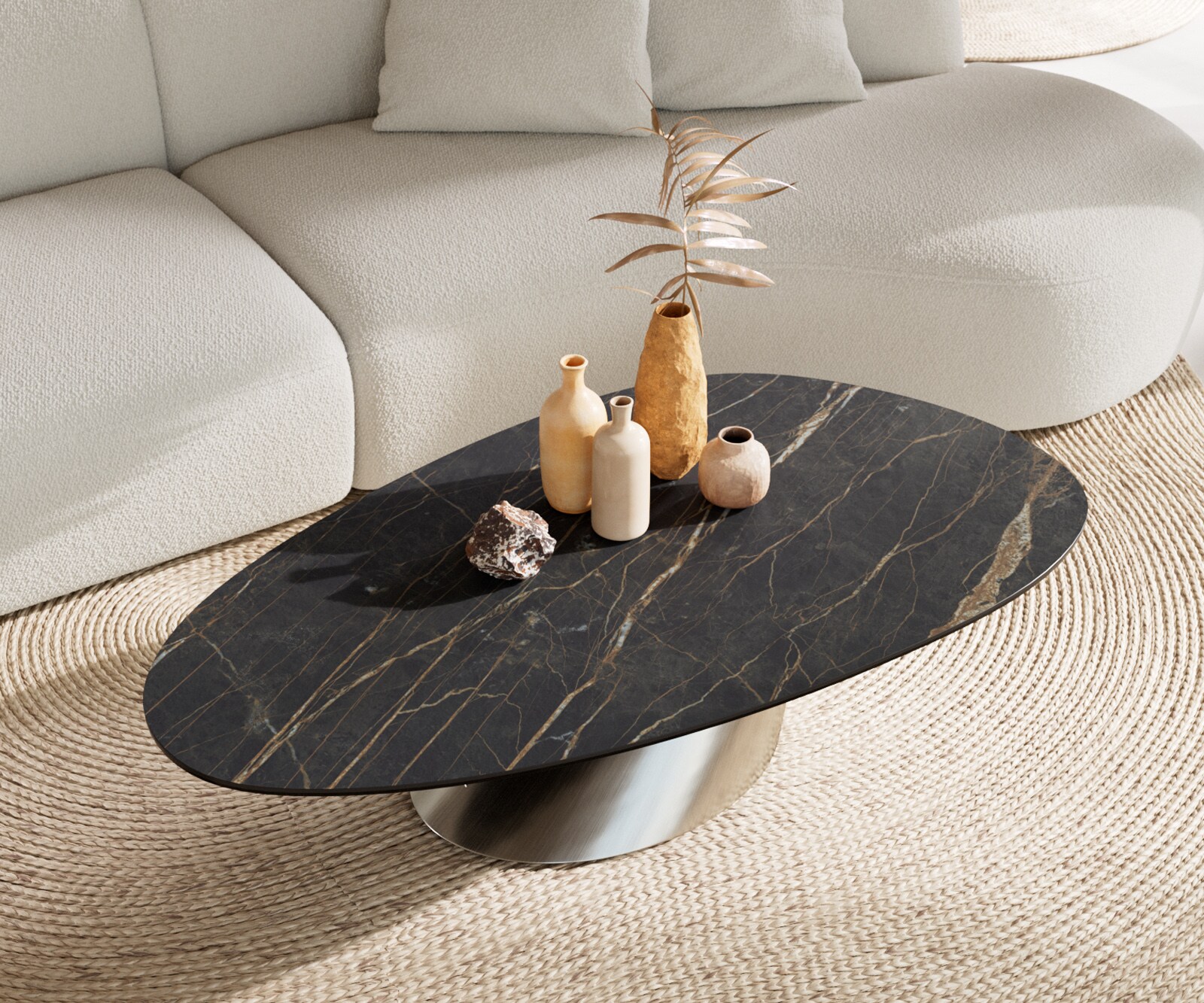 Table basse Edge Oval 140x75 cm céramique Laminam® Noir Desir brun Conis acier inoxydable brossé 4