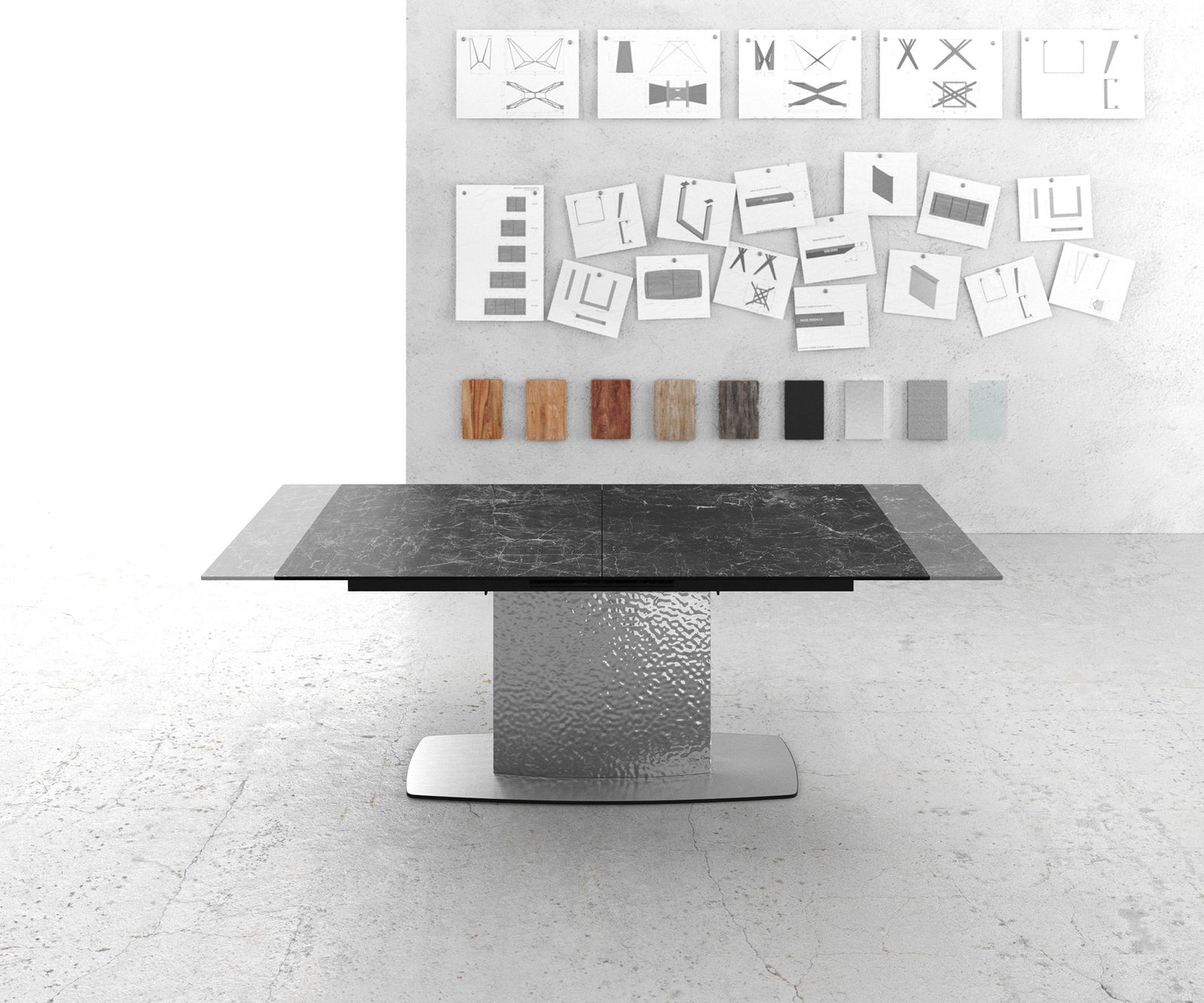 Table à manger Edge 180-220x100 céramique Laminam®Nero Greco gris Wave acier inoxydable extensible 5