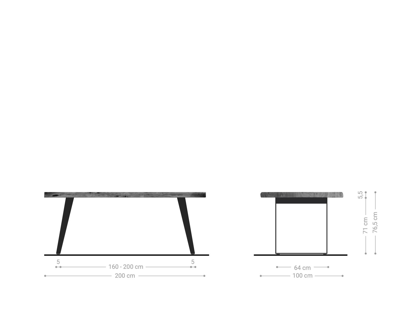 Table-à-manger Edge 200x100cm XL acacia platine acier inoxydable argent incliné Live-Edge 6