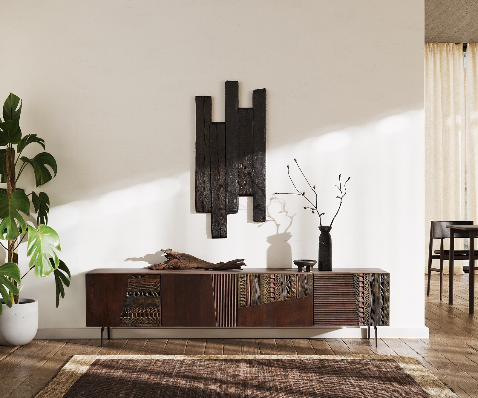 Meuble-TV Imara 200 cm brun manguier 4 portes pieds angulaires métal noir 2