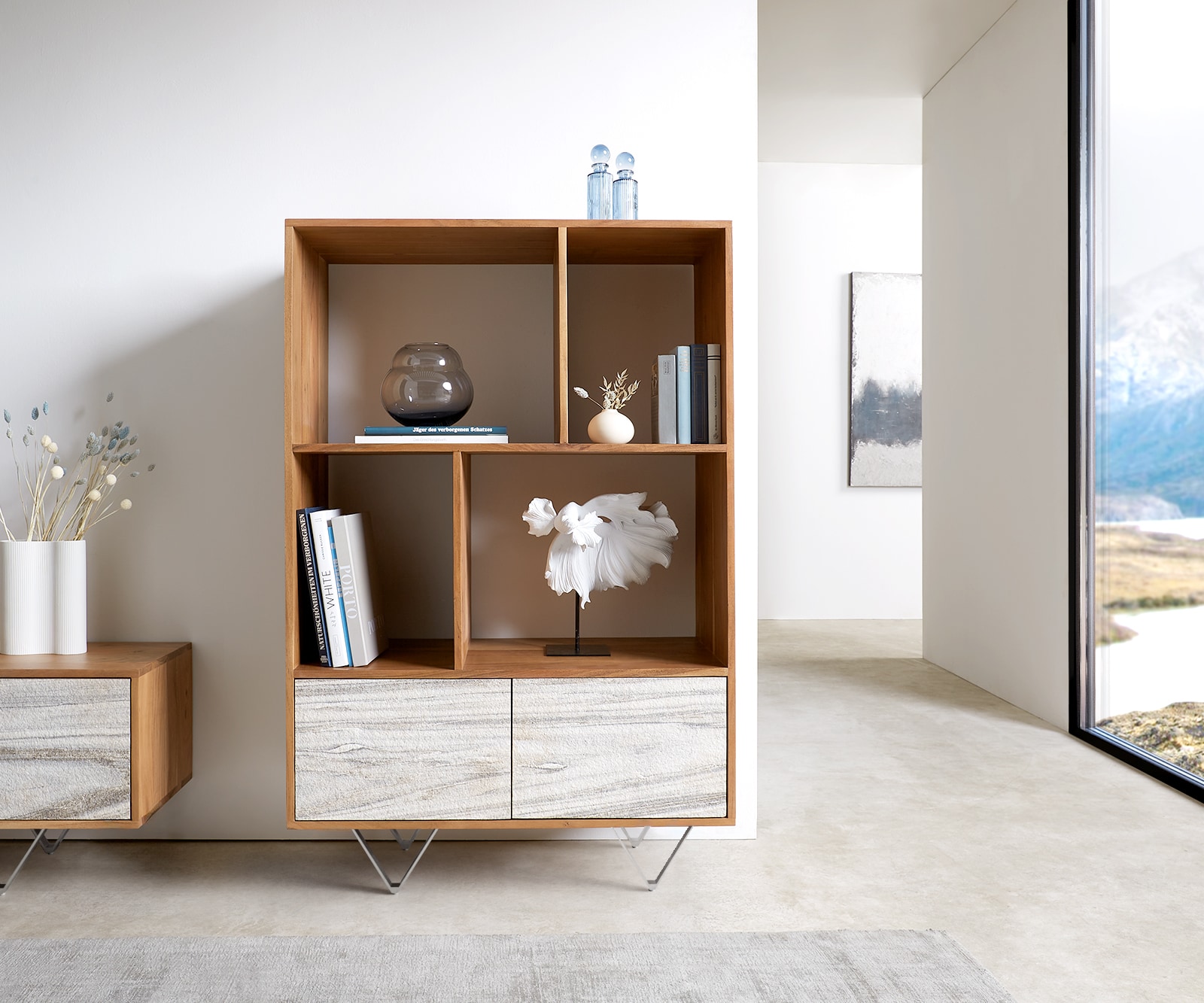 Highboard Kleo 90x130 cm Akazie Natur 2 Türen V-Fuß Edelstahl 1 Highboard Kleo 90x130 cm Akazie Natur 2 Türen V-Fuß Edelstahl 1