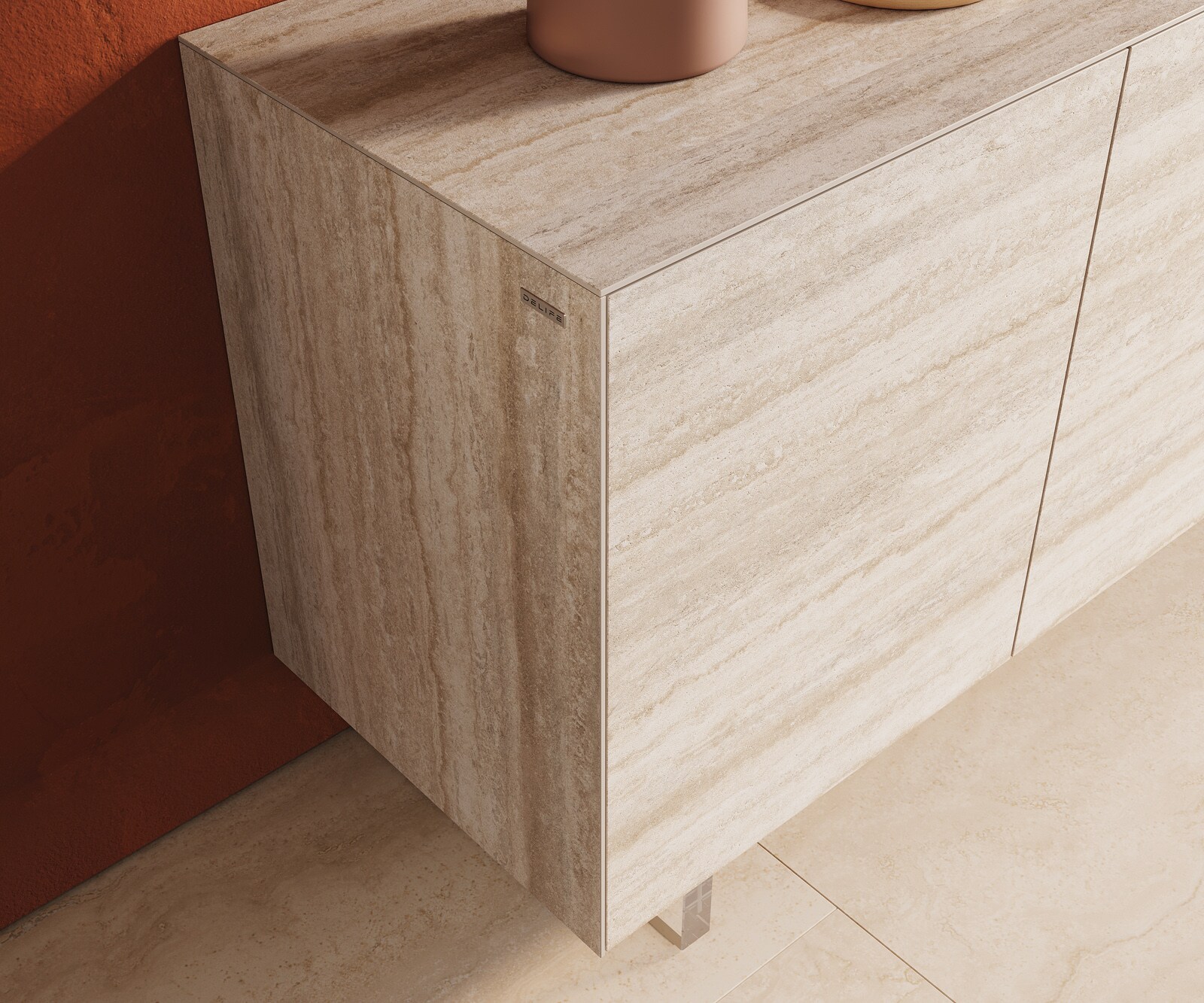 Buffet Cuor 150 cm Céramique Laminam® Travertino Bianco Crème-blanc 3 Portes Pied optique flottant Verre acrylique 6