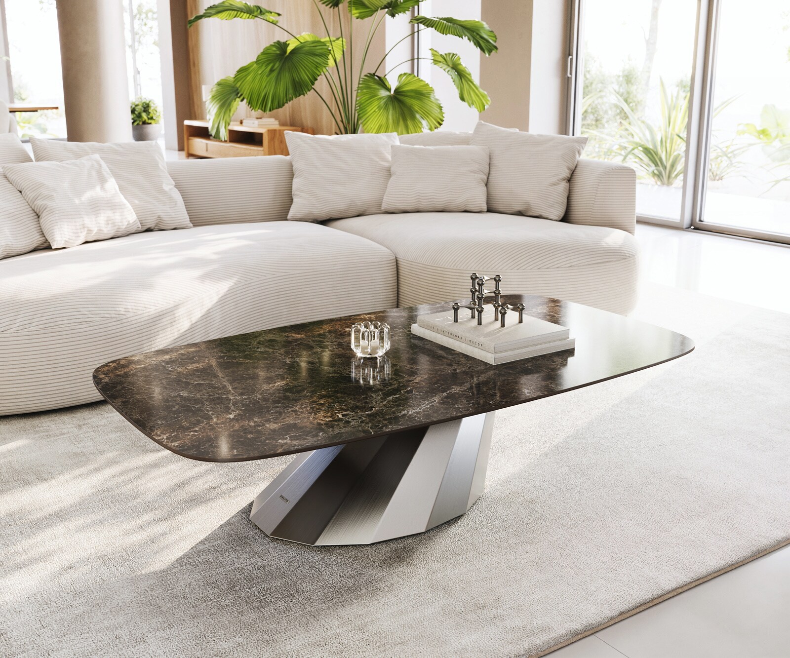 Table basse Edge bateau 140x80 cm céramique Emperador Extra Lucidato brun foncé Parabi acier inoxydable brossé 1