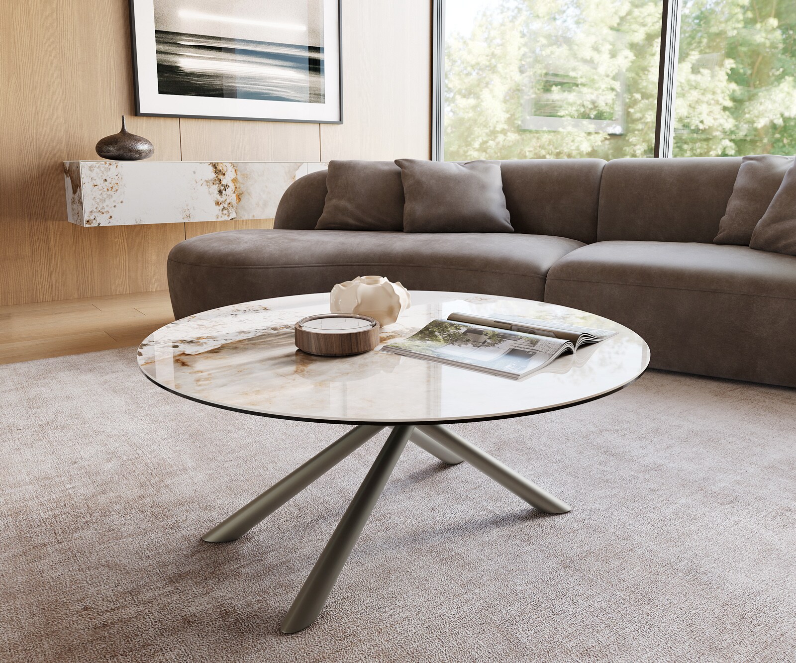 Table basse Edge rond 100x100 cm céramique Minas Melange Sarity Metall finition effet titane 1