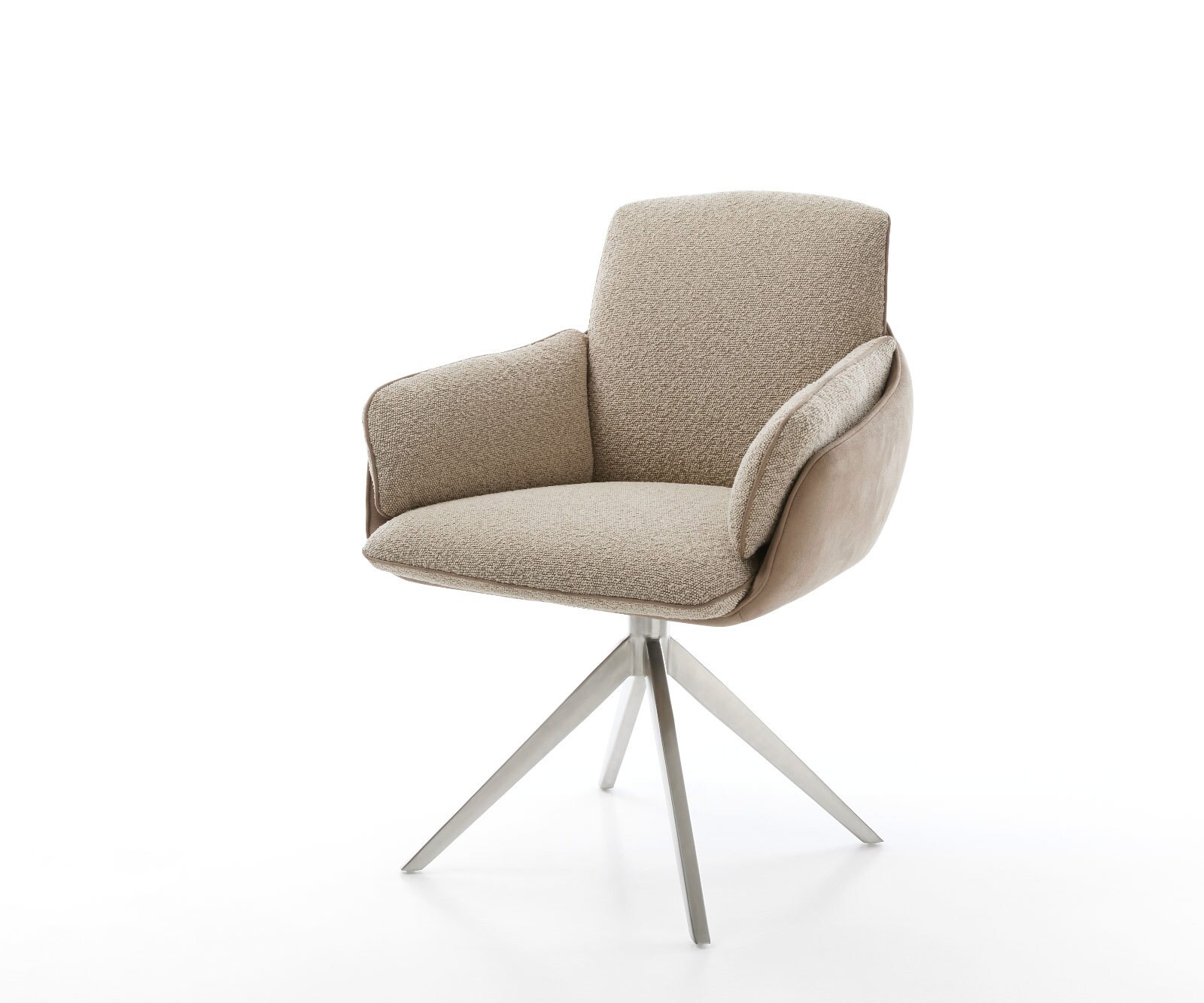 Chaise-pivotante Luan-Flex avec accoudoirs tissu mixte couleur boue pied croisé large acier inoxydable pivotement sur 360°