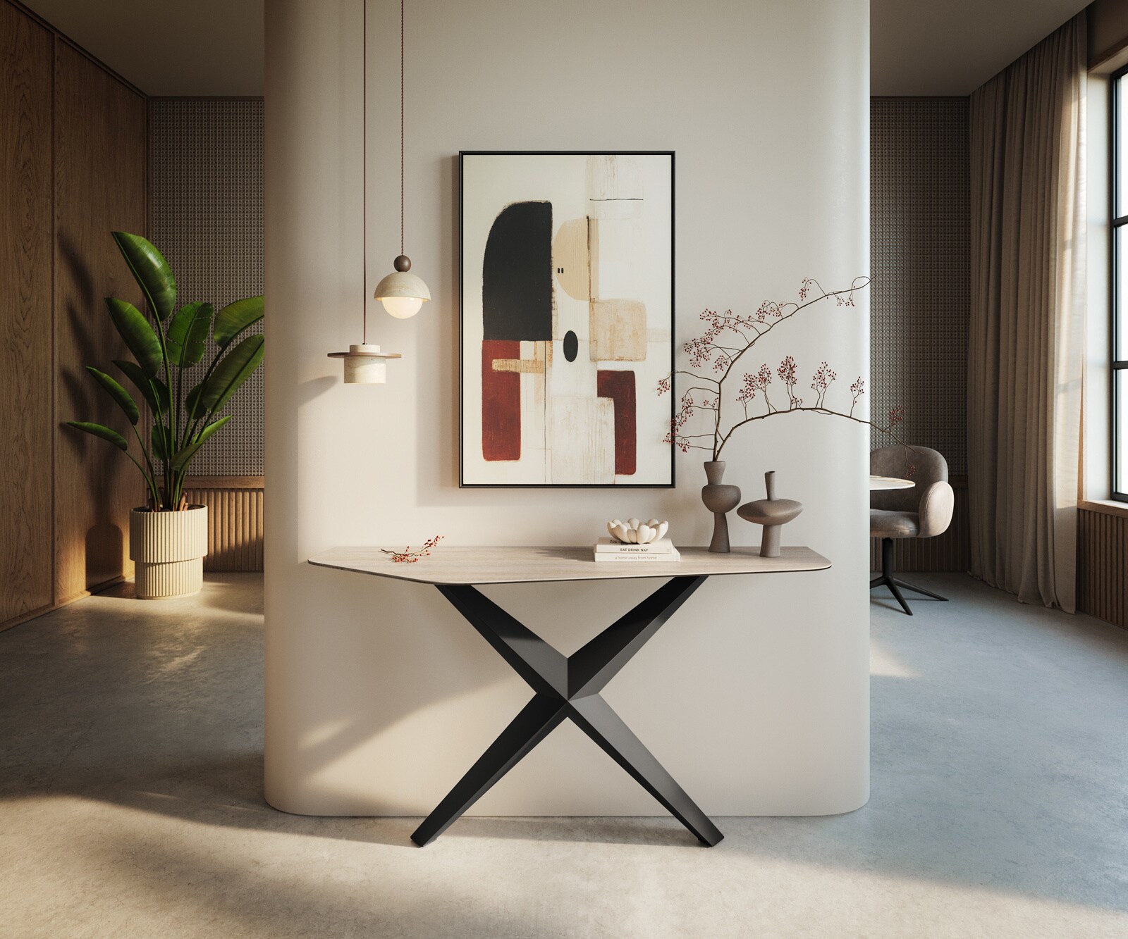 Konsolentisch Edge Polygonal 140x50 cm Keramik Laminam® Travertino Bianco Creme-Weiß Zentharo Metall Schwarz 4