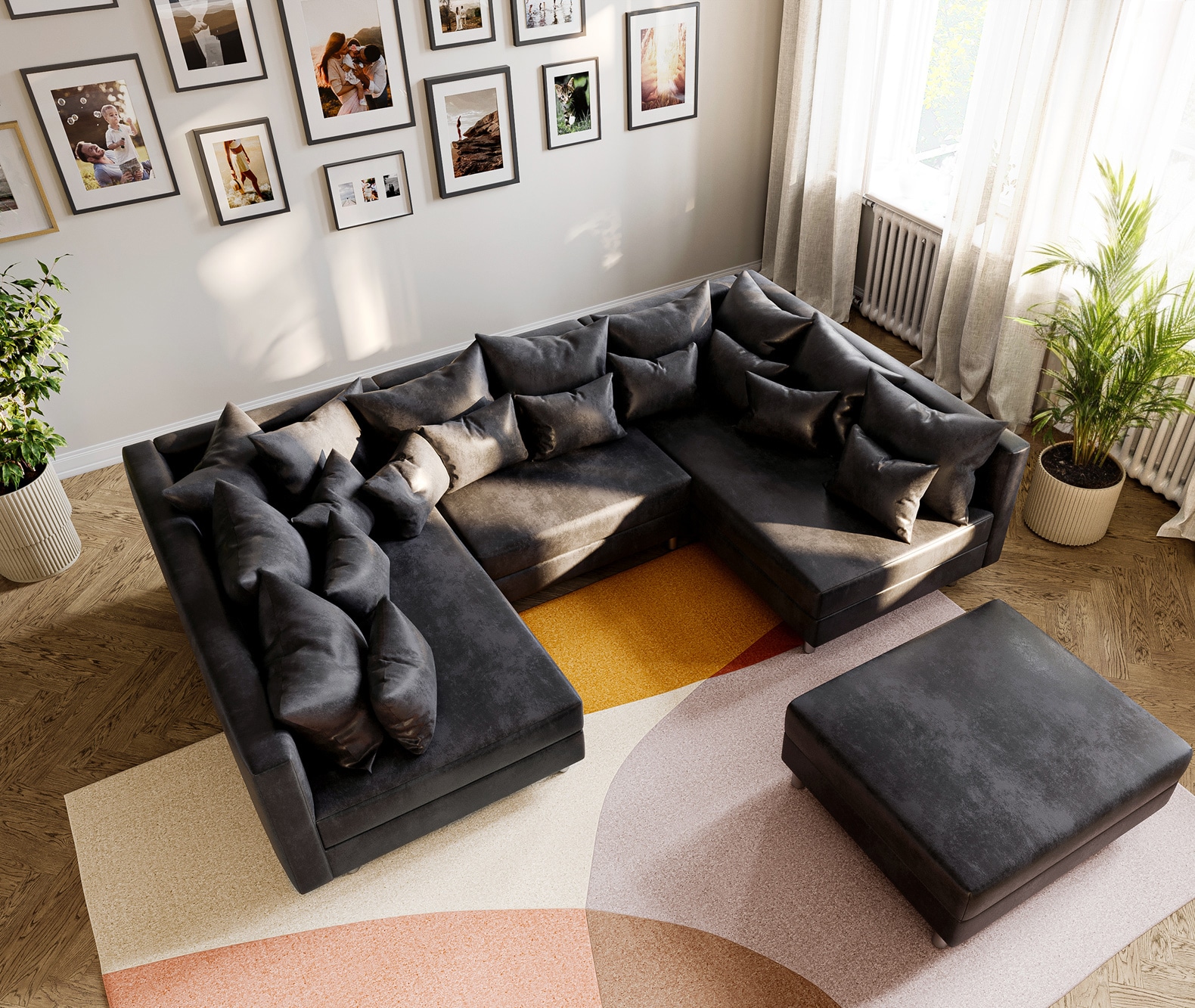 Couch Clovis Anthrazit Antik Optik mit Hocker Wohnlandschaft Modulsofa