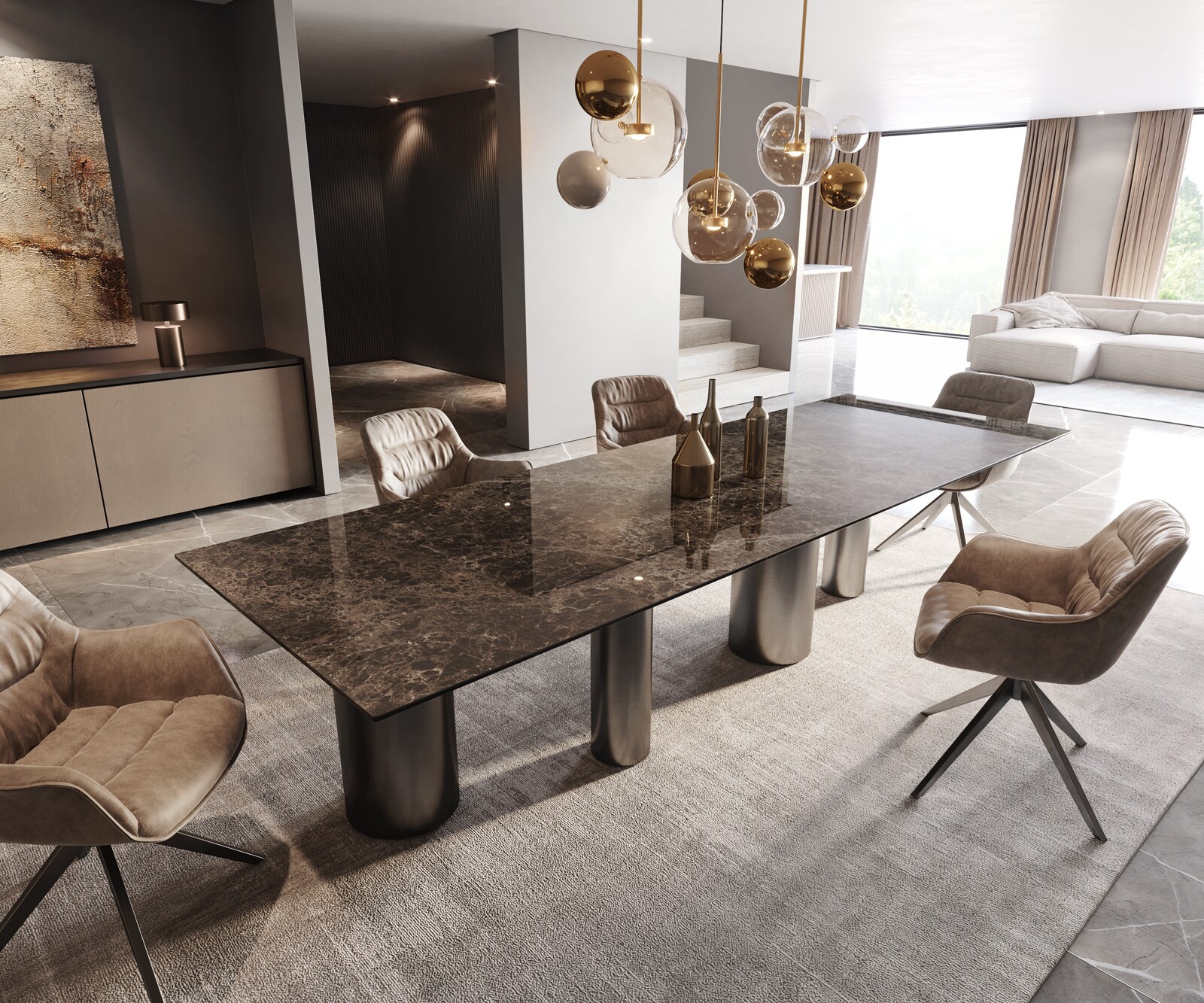 Esstisch Edge 300x100 Keramik Emperador Extra Lucidato Dunkelbraun Pilier Edelstahl Graphit 2