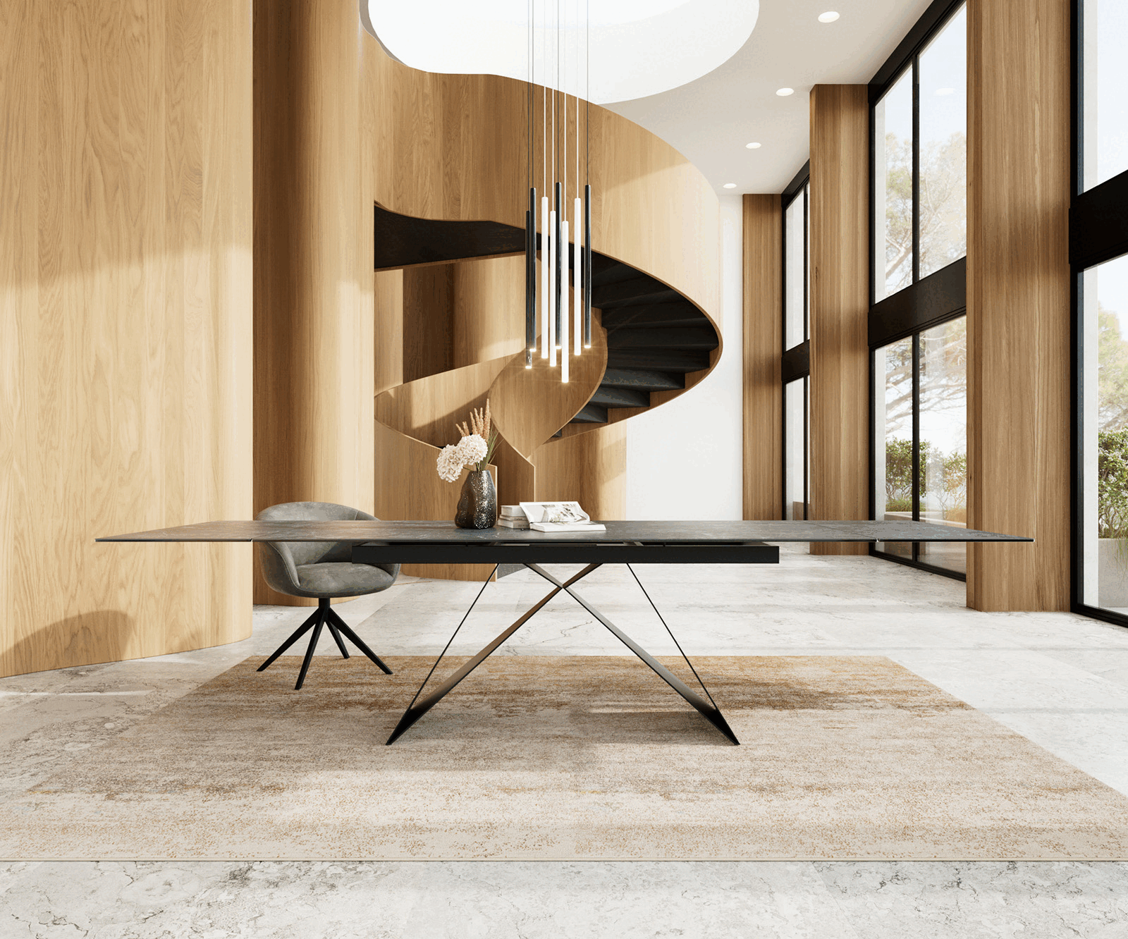 Esstisch Edge 200-300x100 Keramik Laminam®Nero Greco Anthrazit V-Gestell Flachstahl Schwarz ausziehbar 1