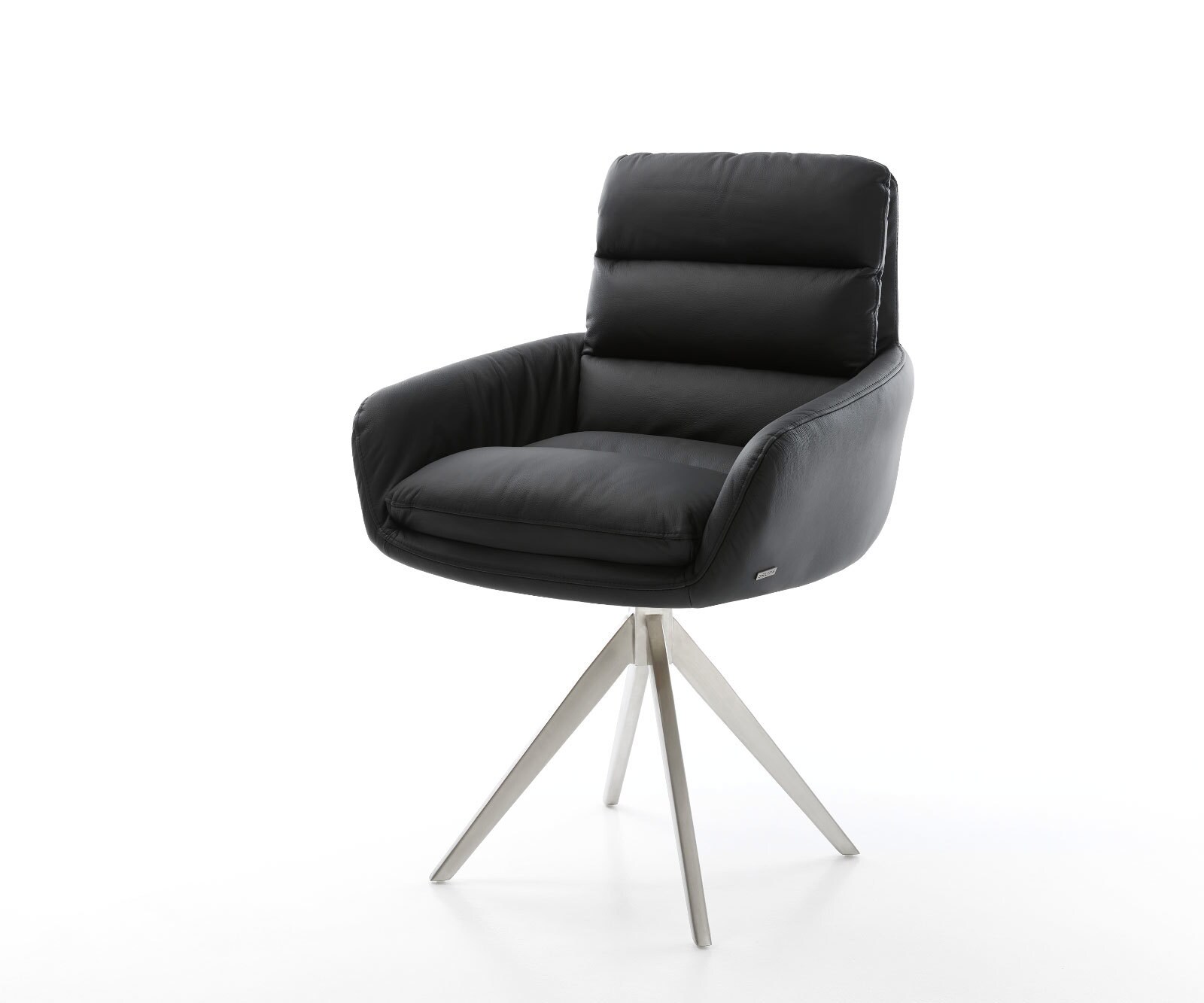 Chaise-de-salle-à-manger Abelia-Flex avec accoudoirs cuir de vache noir pied croisé angulaire acier inoxydable brossé 1