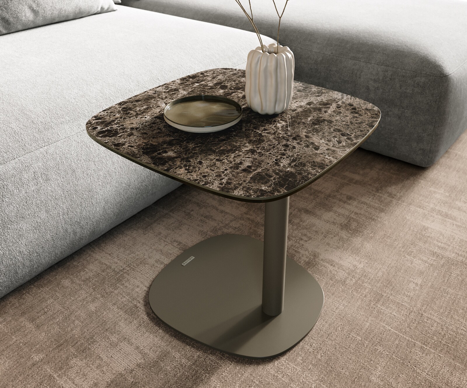 Beistelltisch Edge Boot 50x50 cm Keramik Emperador Extra Lucidato Dunkelbraun Eleny Metall Effektfinish Titan 6