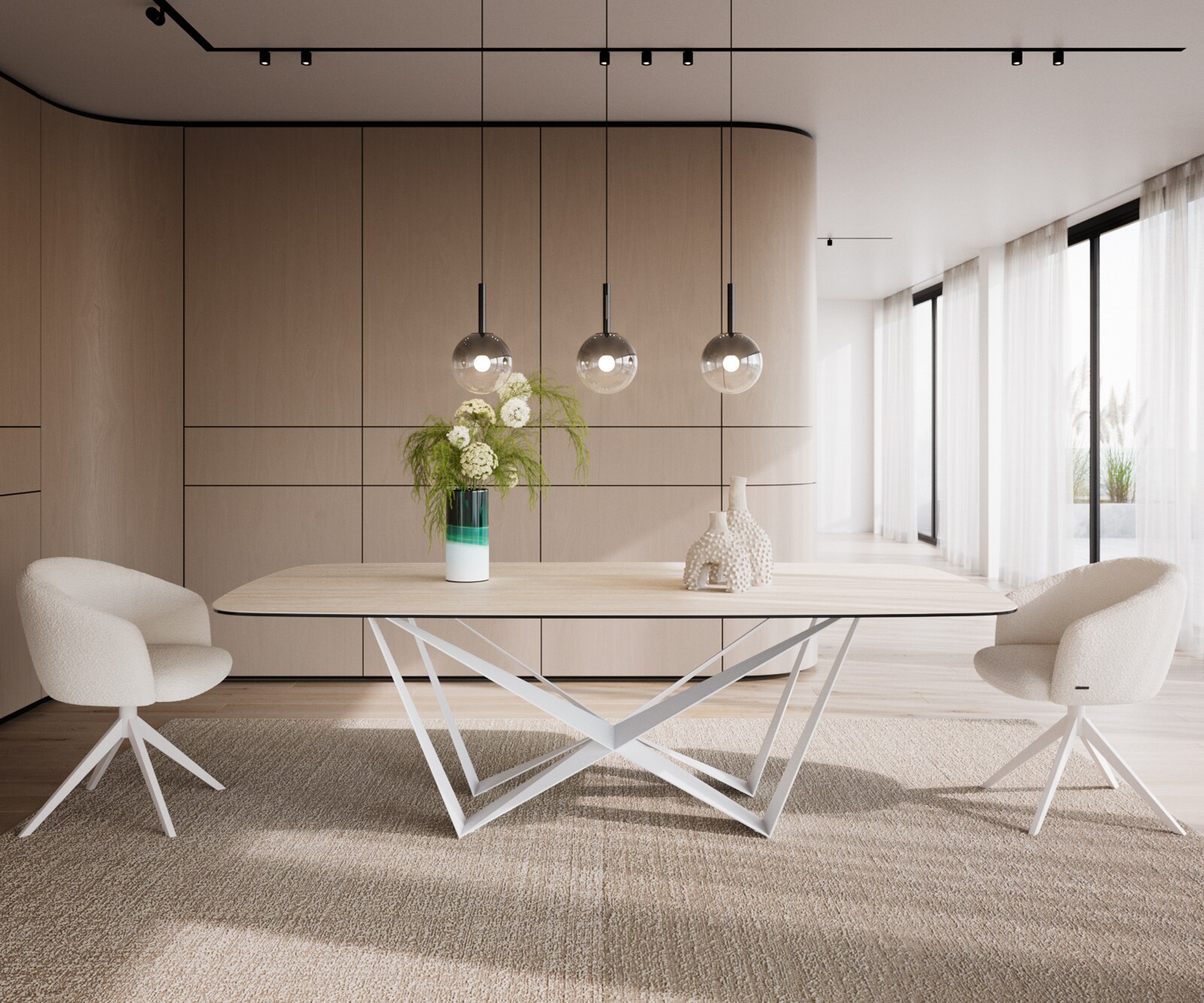 Table à manger Edge Boot 240x120 cm Céramique Travertin Naturel Spider Métal Blanc 1