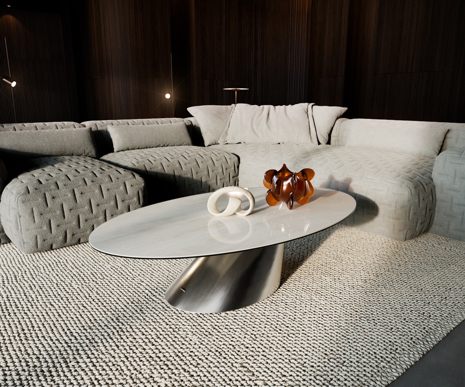 Table basse Edge ovale 140x80 cm céramique Onyx Champagne Conis acier inoxydable brossé