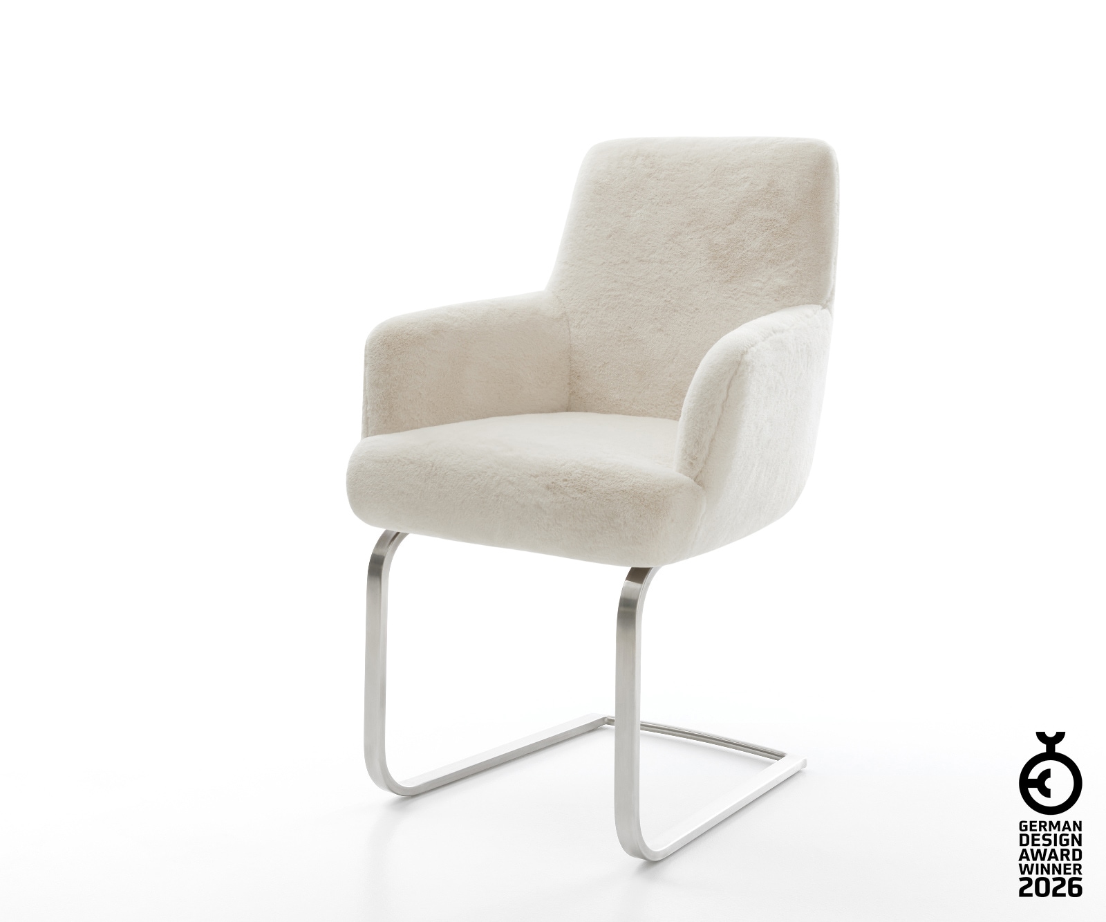 Freischwinger Heira-Flex mit Armlehnen Plüsch Creme-Weiß Freischwinger flach Edelstahl Taschenfederkern