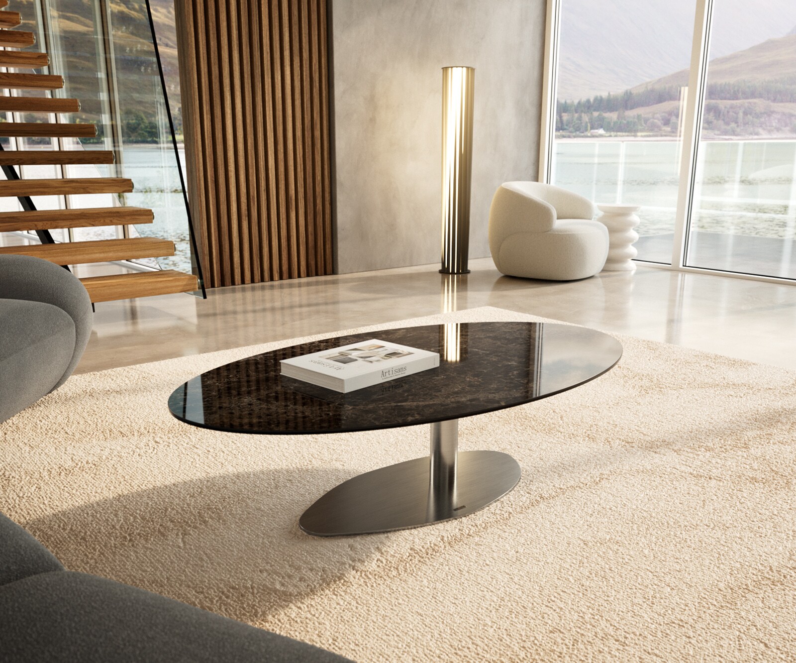 Table basse Edge Oval 140x80 cm céramique Laminam® Emperador Extra Lucidato brun foncé Vibany acier inoxydable brossé