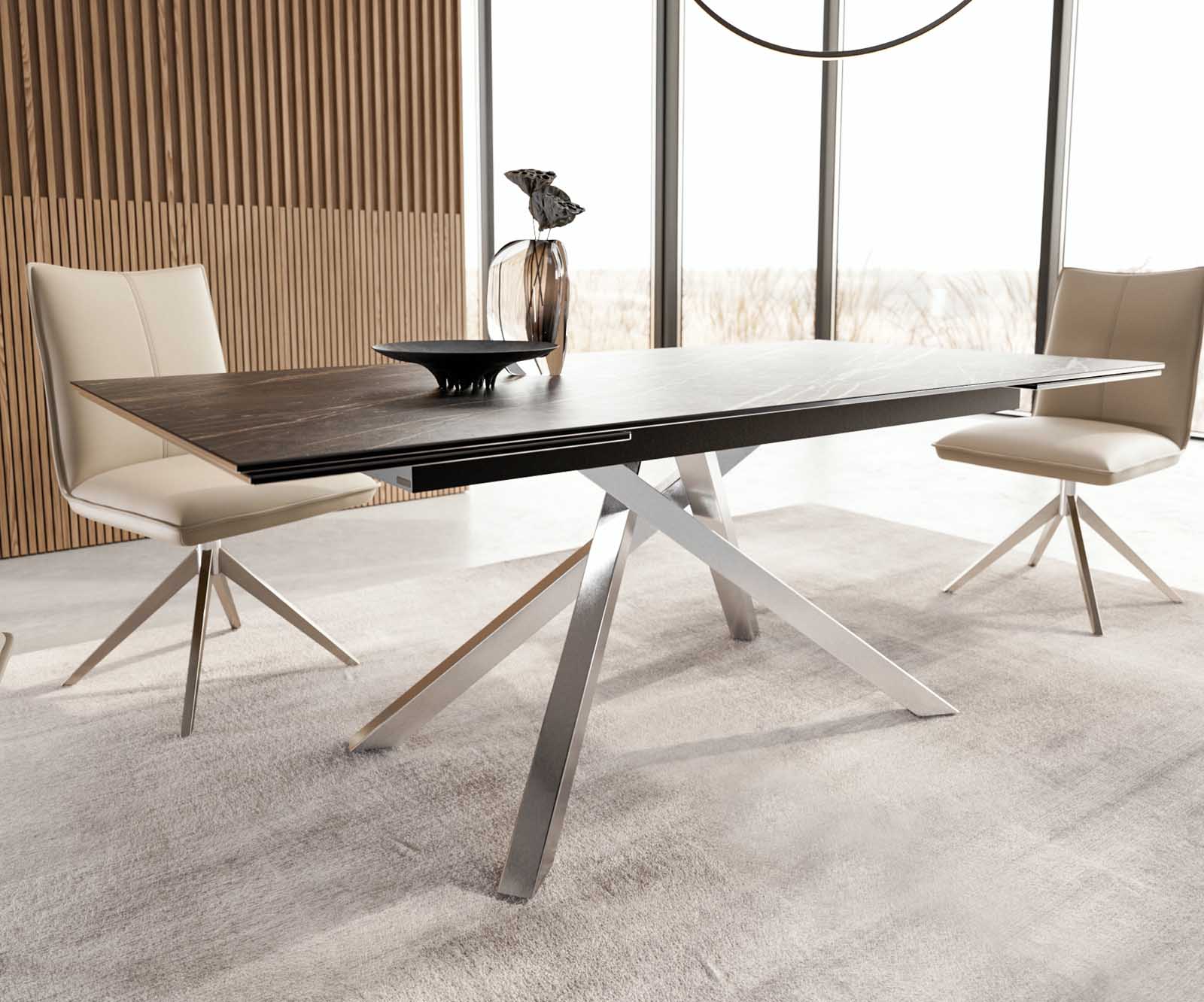 Table à manger Edge 200-300x100 céramique Laminam®Noir Desir marron cadre croisé rectangulaire acier inoxydable extensible 6