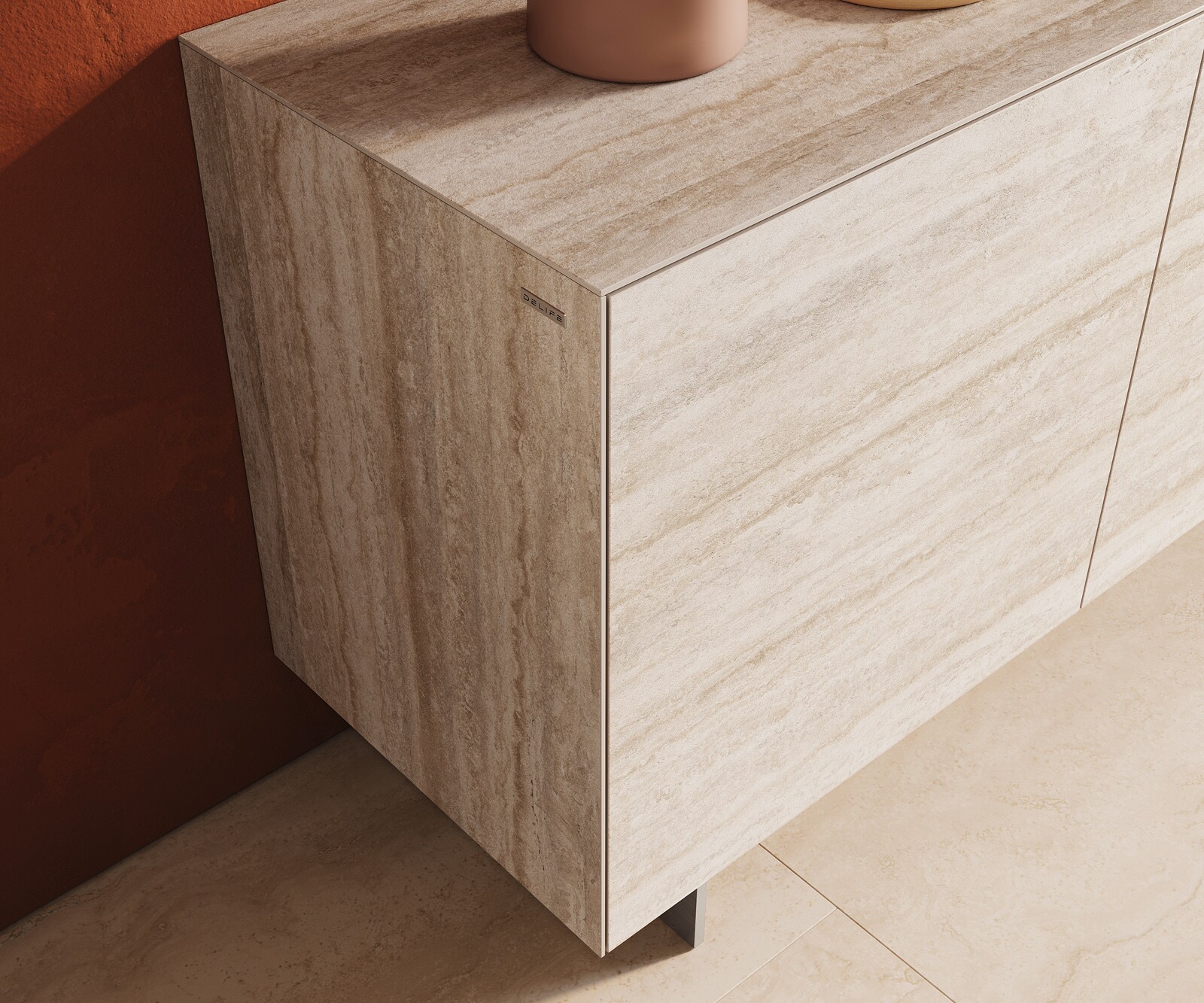 Sideboard Cuor 180 cm Keramik Laminam® Travertino Bianco Creme-Weiß 2 Türen 3 Schubfächer Fuß Schwebeoptik Edelstahl 5