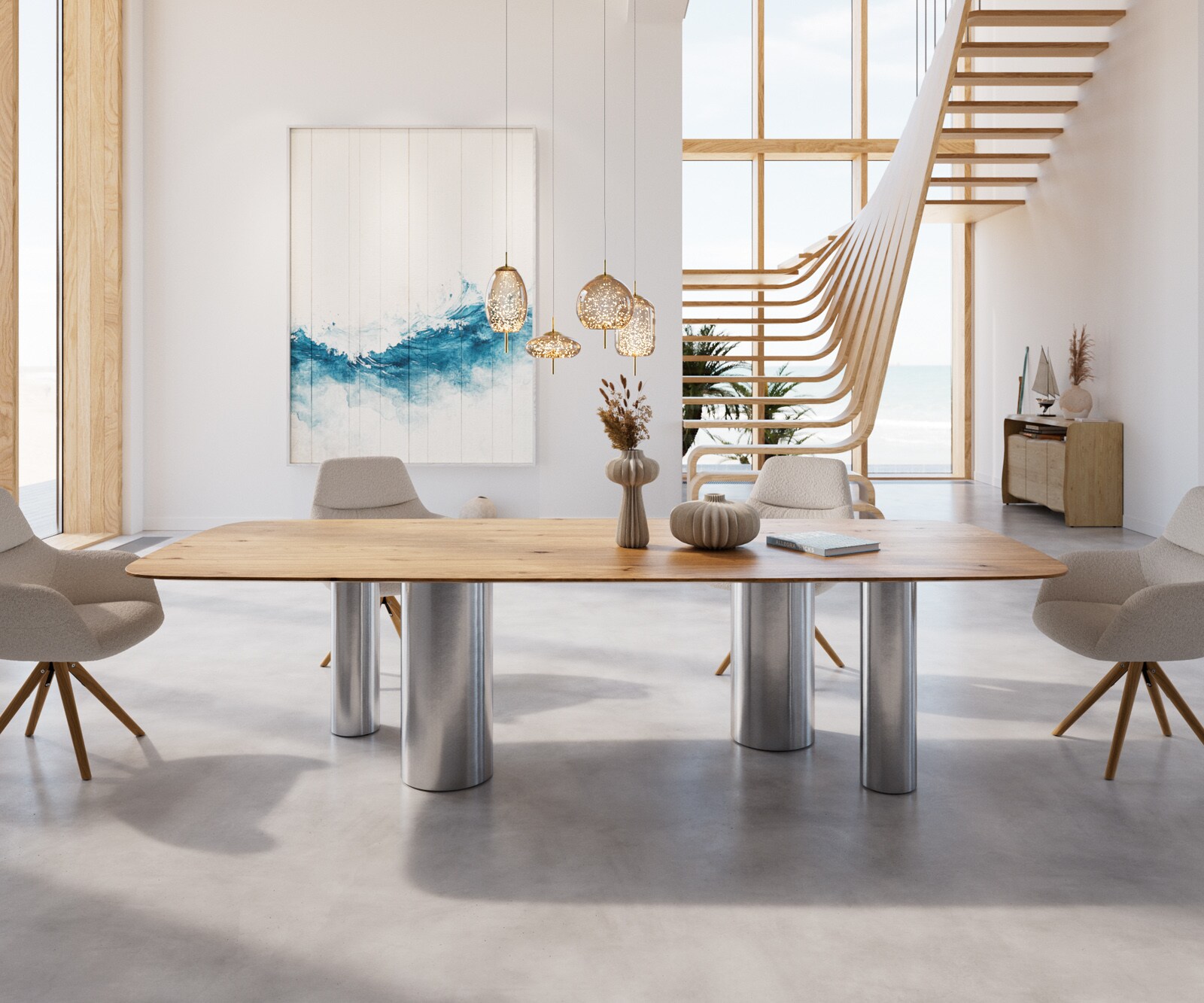 Table à manger Edge Boot 300x120x2,5-3 Chêne Nature Pilier Acier inoxydable brossé Bord suisse 2