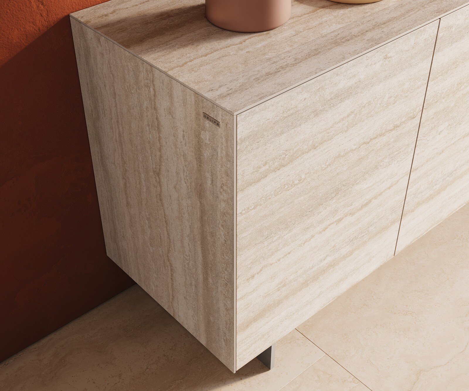 Sideboard Cuor 150 cm Keramik Laminam® Travertino Bianco Creme-Weiß 3 Türen Fuß Schwebeoptik Edelstahl 5