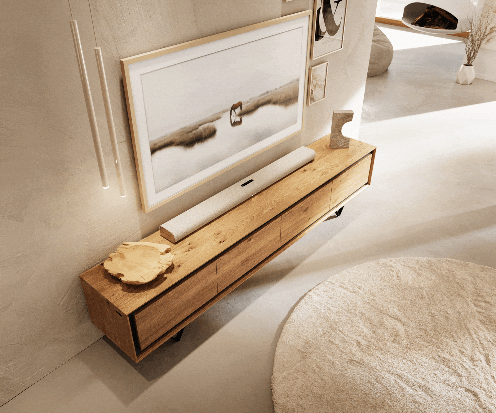 Meuble-TV Stonegrace 200 cm chêne naturel 4 portes placage pierre pied en V métal noir 3 Meuble-TV Stonegrace 200 cm chêne naturel 4 portes placage pierre pied en V métal noir 3