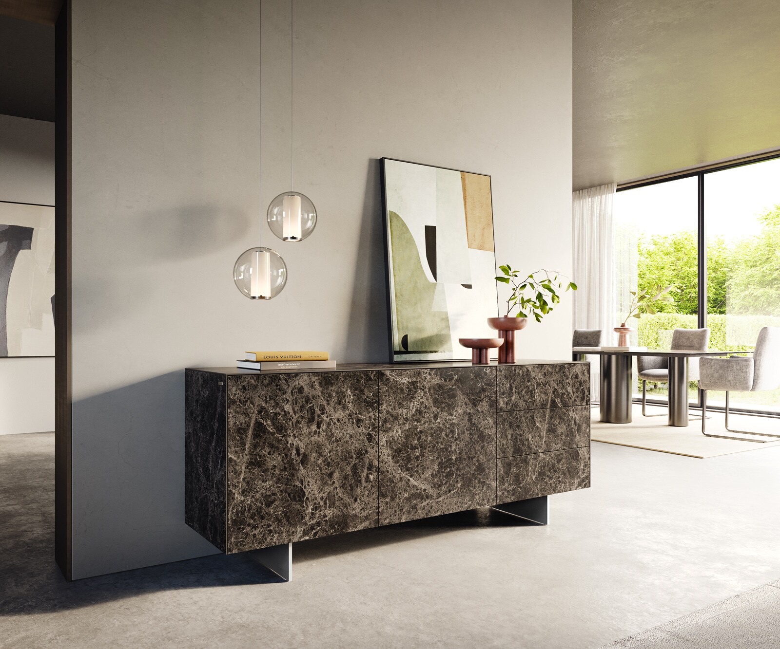 Sideboard Cuor 180 cm Keramik Laminam® Emperador Extra Lucidato Dunkelbraun 2 Türen 3 Schubfächer Fuß Schwebeoptik Edelstahl 1