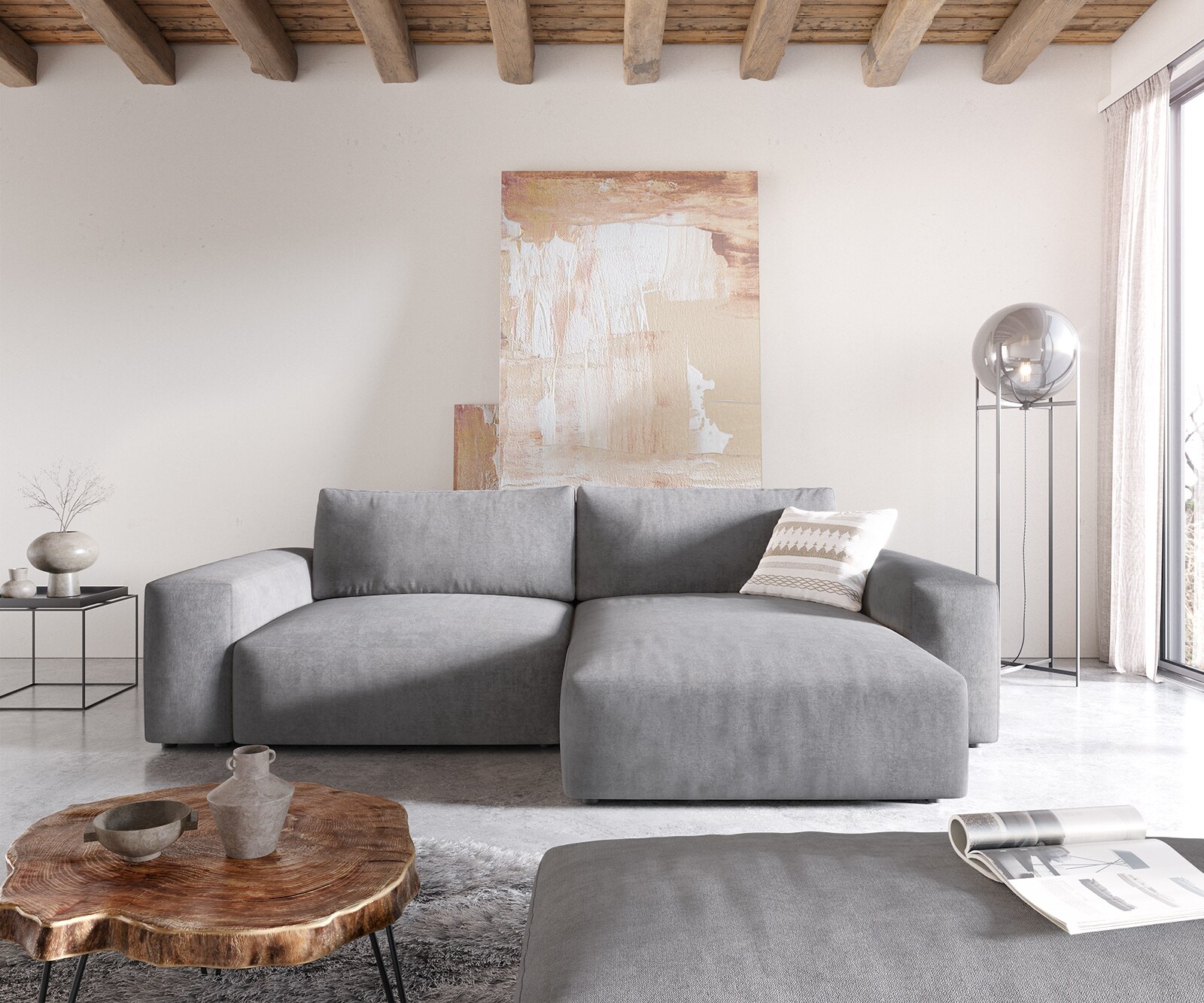 Canapé d'angle Lanzo XL 270x180 cm Microfibre Gris Recamière variable avec Tabouret 1