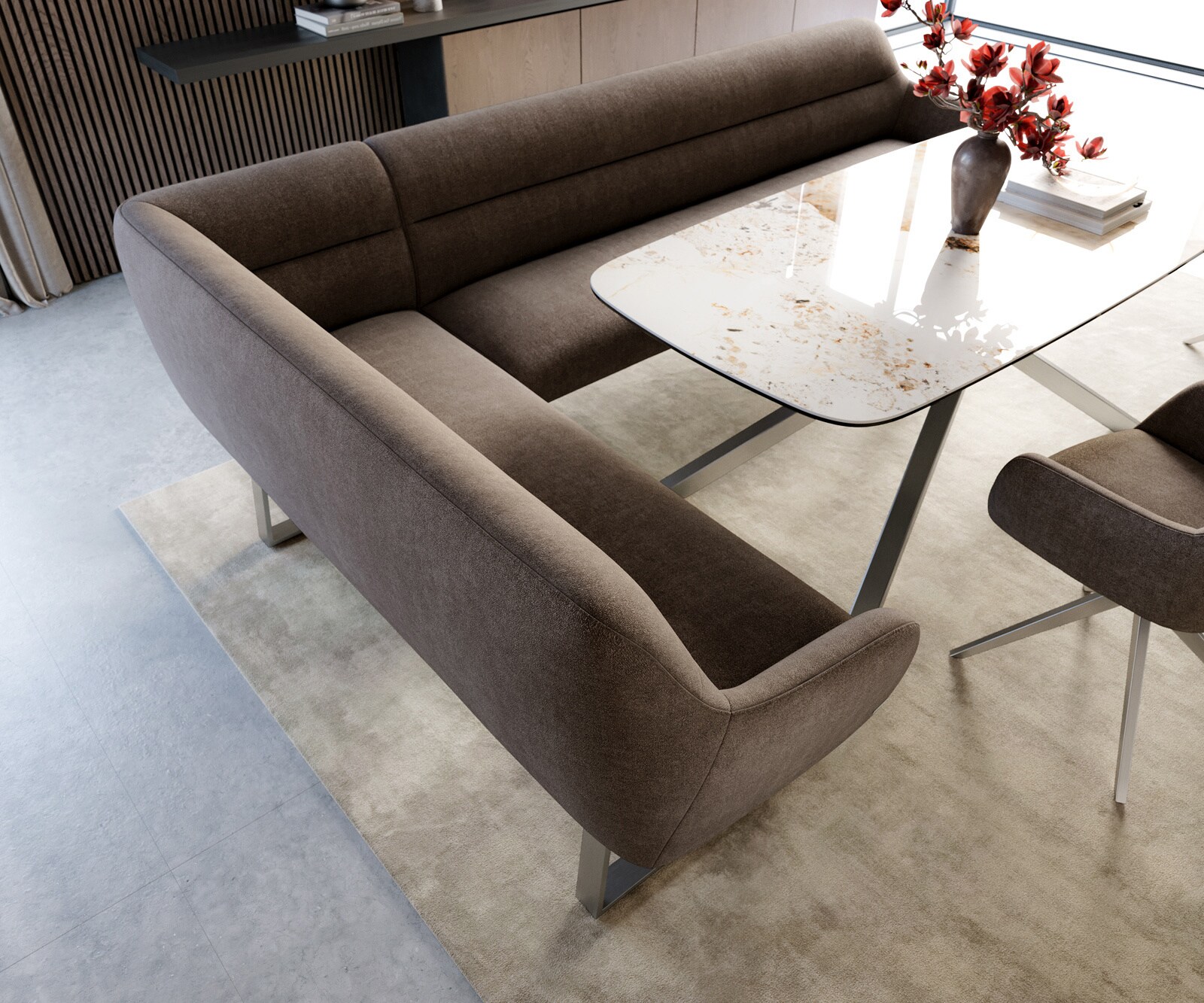 Esszimmerbank Taya-Flex 285x190 cm Strukturstoff Soft Taupe Kufengestell kantig Edelstahl Taschenfederkern Links 4