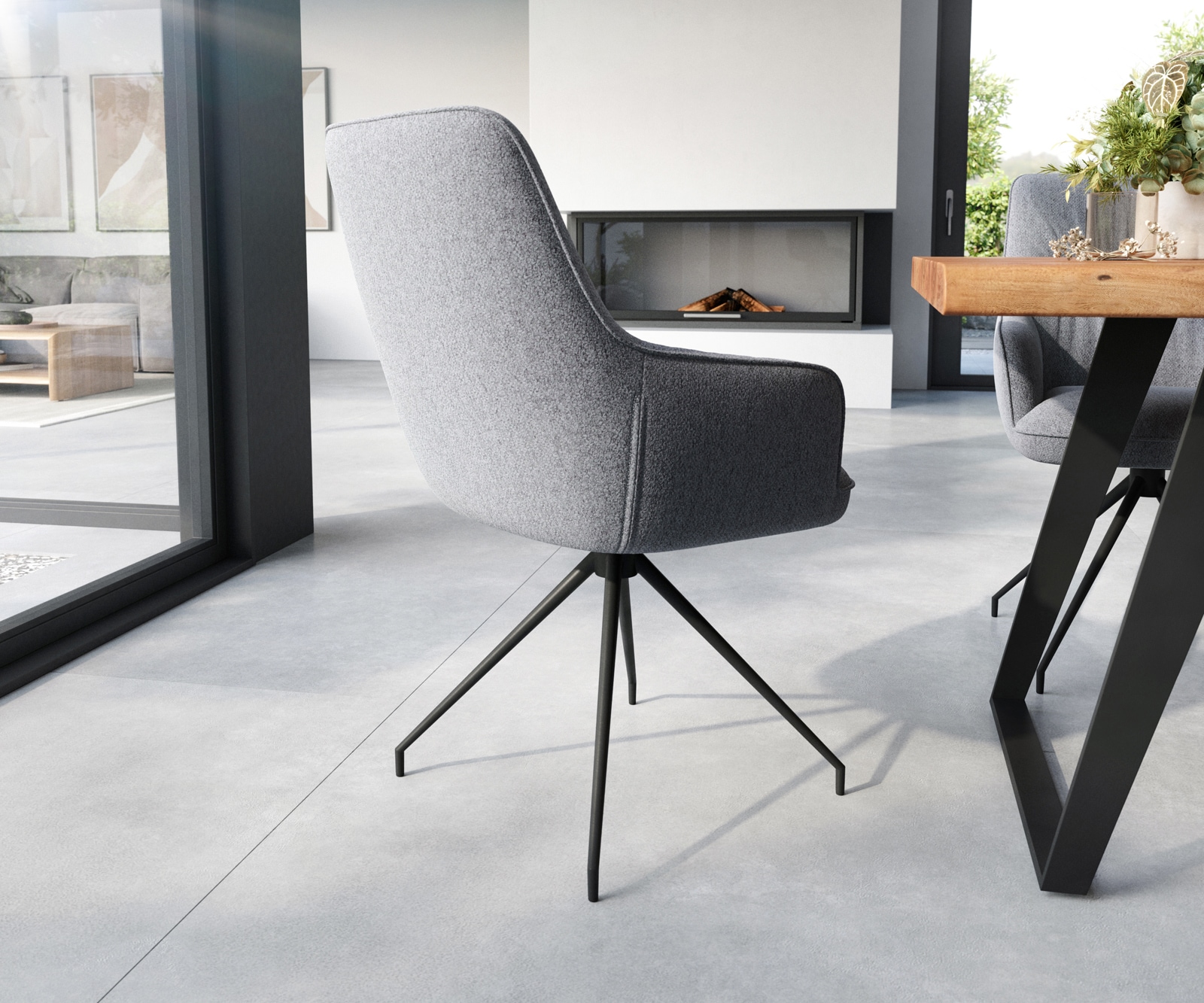 Esszimmerstuhl Zelia-Flex mit Armlehnen Strukturstoff Hellgrau Kreuzgestell konisch Schwarz Taschenfederkern 5 Esszimmerstuhl Zelia-Flex mit Armlehnen Strukturstoff Hellgrau Kreuzgestell konisch Schwarz Taschenfederkern 5