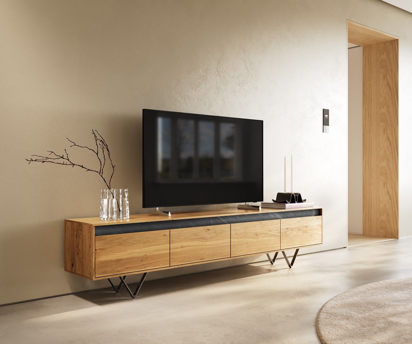 Meuble-TV design Stonegrace 200 cm chêne naturel ardoise 4 tiroirs pied en V métal noir Meuble-TV design Stonegrace 200 cm chêne naturel ardoise 4 tiroirs pied en V métal noir