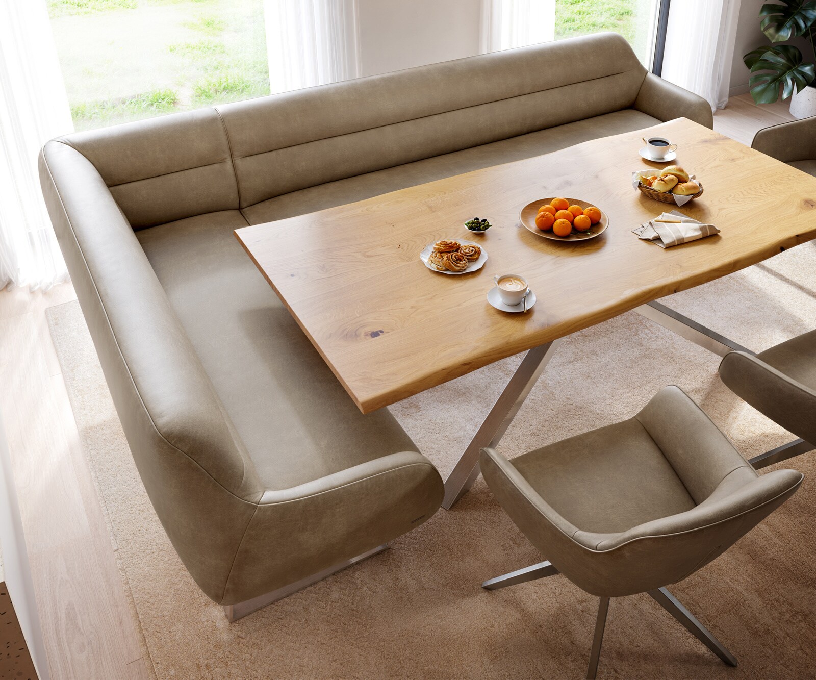 Esszimmerbank Taya-Flex 285x190 cm Mikrofaser Beige Vintage Kufengestell kantig Edelstahl Taschenfederkern Rechts 3