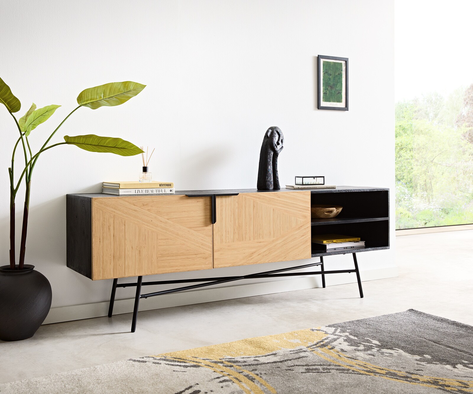 Sideboard Mikkusu 175 cm Bambus Natur Mango Schwarz 2 Türen 2 Fächer Metall Schwarz 1