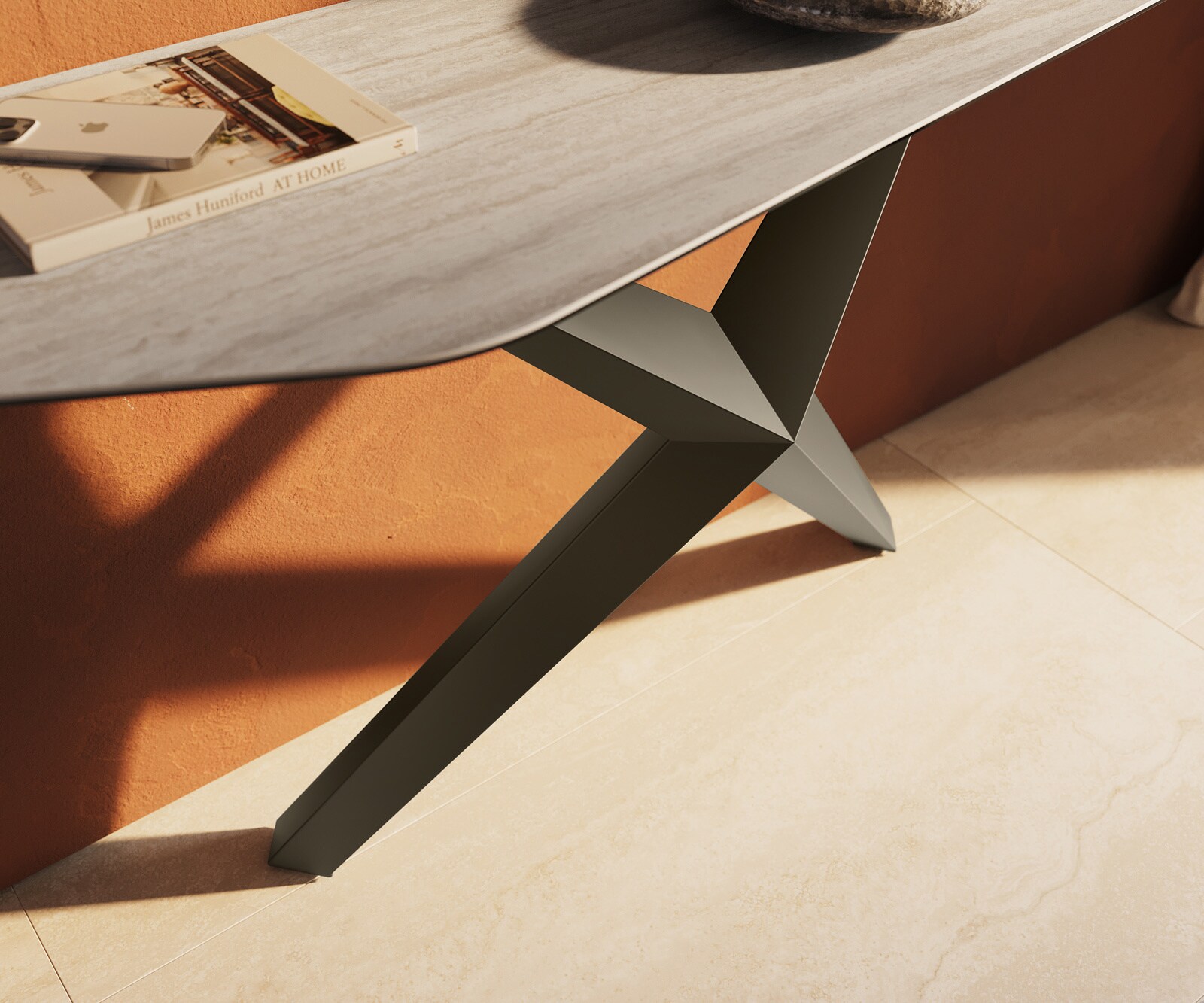 Console Edge Polygonal 180x50 cm Céramique Laminam® Travertino Bianco Creme-Weiß Zentharo Métal Effektfinish Titan 5