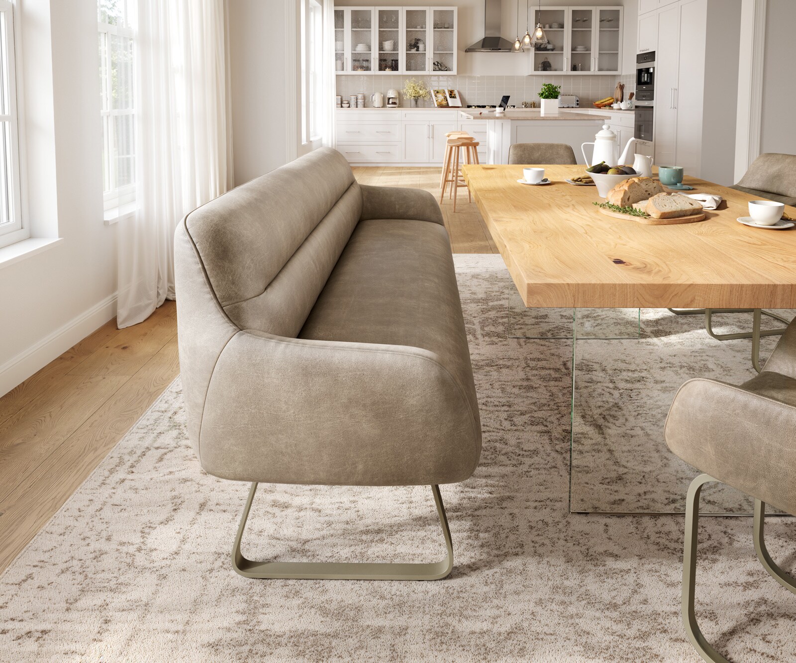 Banc-de-salle-à-manger Taya-Flex 200 cm microfibre beige vintage châssis à patins plat titane ressort ensaché 1