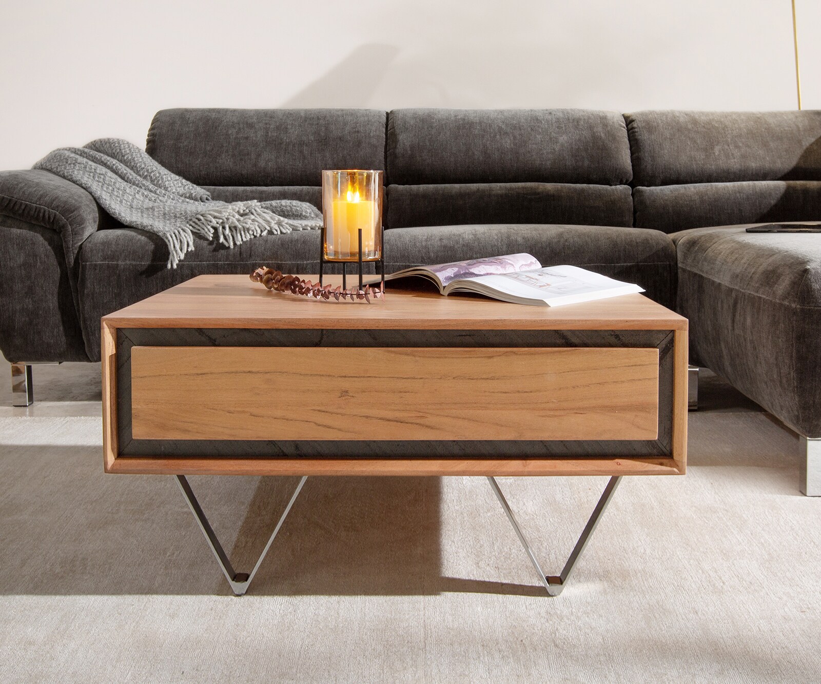 Table basse Stonegrace 80x60 acacia nature 2 tiroirs placage en pierre pieds en V 1