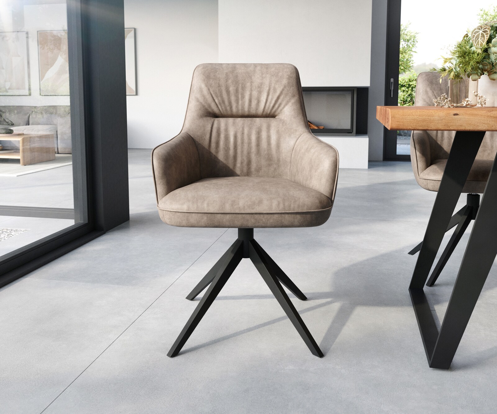 Chaise-de-salle-à-manger Zelia-Flex avec accoudoirs microvelours taupe vintage pied croisé large noir ressorts ensachés 2