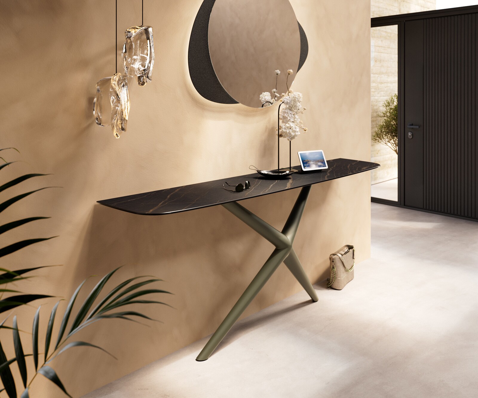 Konsolentisch Edge Boot 180x40 cm Keramik Laminam® Noir Desir Braun Estelo Metall Effektfinish Titan 3