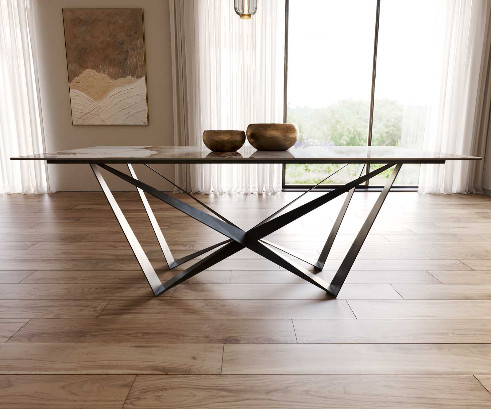 Esstisch Edge 200x100 Keramik Minas Melange Weiß-Beige Spider Flachstahl Schwarz 8