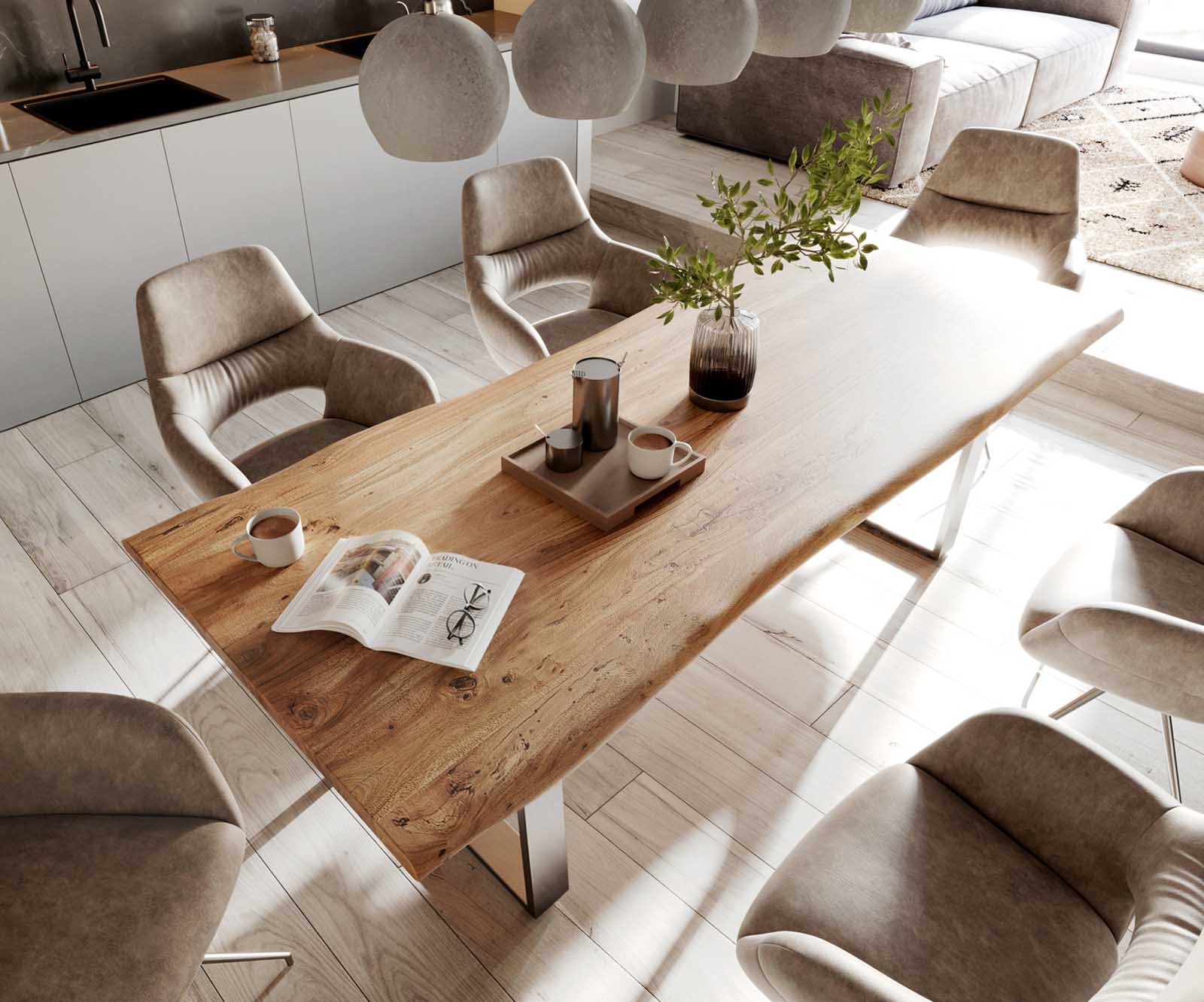 Table-à-manger Edge 240x100cm acacia nature acier inoxydable mince Live-Edge 3