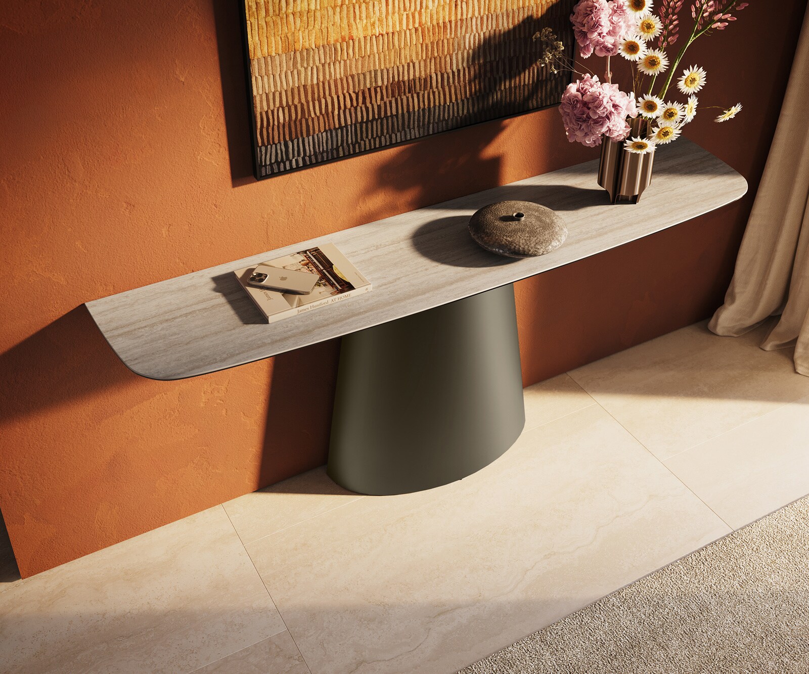 Console Edge forme bateau 180x40 cm Céramique Laminam® Travertino Bianco Creme-Weiß Conos Métal Effektfinish Titan 3
