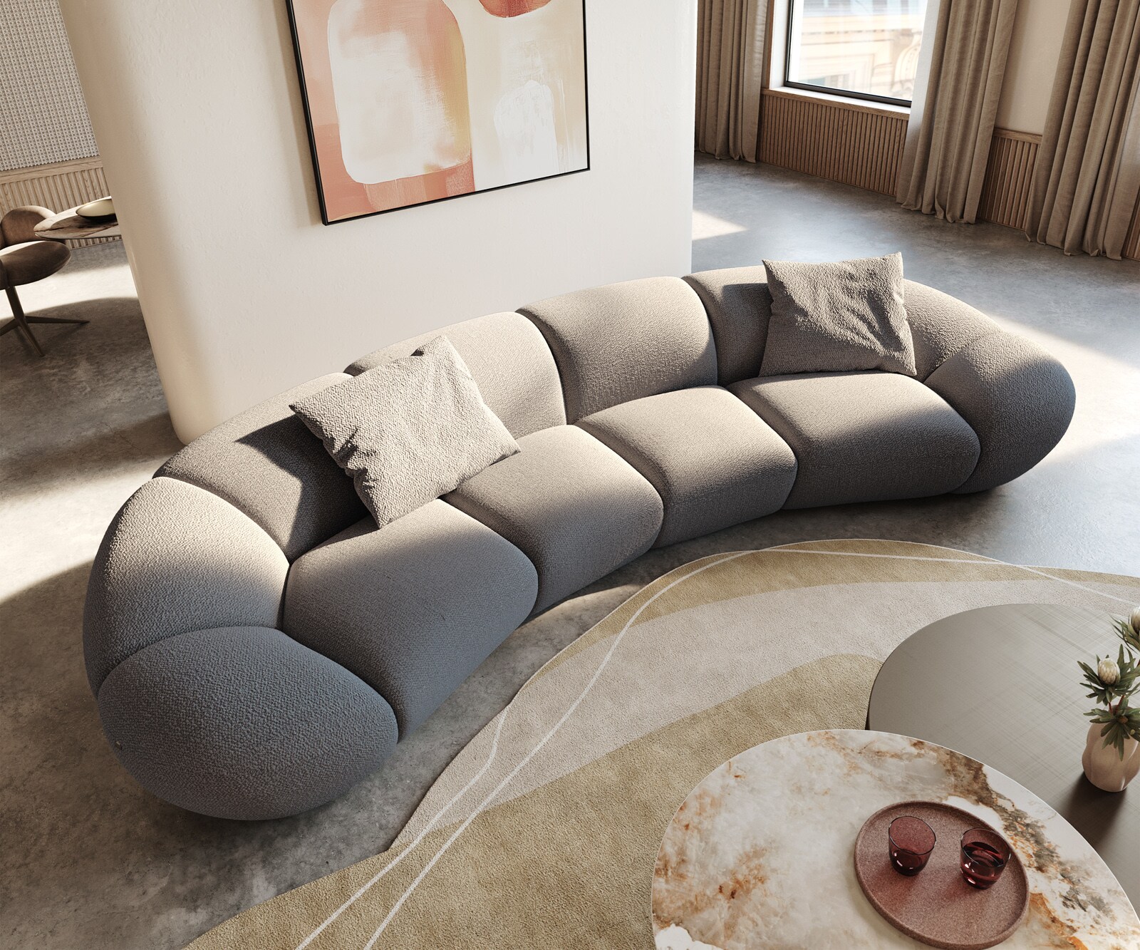 Grand canapé Lunna 360x175 cm Bouclé gris argenté 2 coussins 1 Grand canapé Lunna 360x175 cm Bouclé gris argenté 2 coussins 1