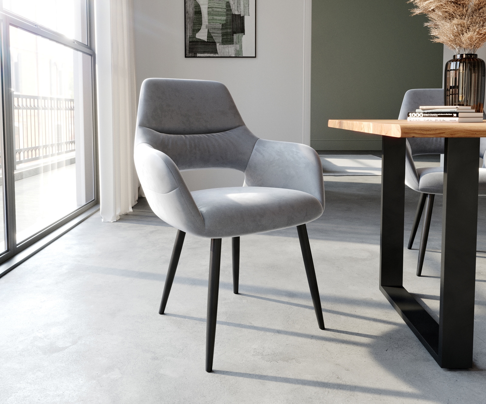 Esszimmerstuhl Yago-Flex mit Armlehnen Samt Grau 4-Fuß konisch Schwarz Taschenfederkern Esszimmerstuhl Yago-Flex mit Armlehnen Samt Grau 4-Fuß konisch Schwarz Taschenfederkern