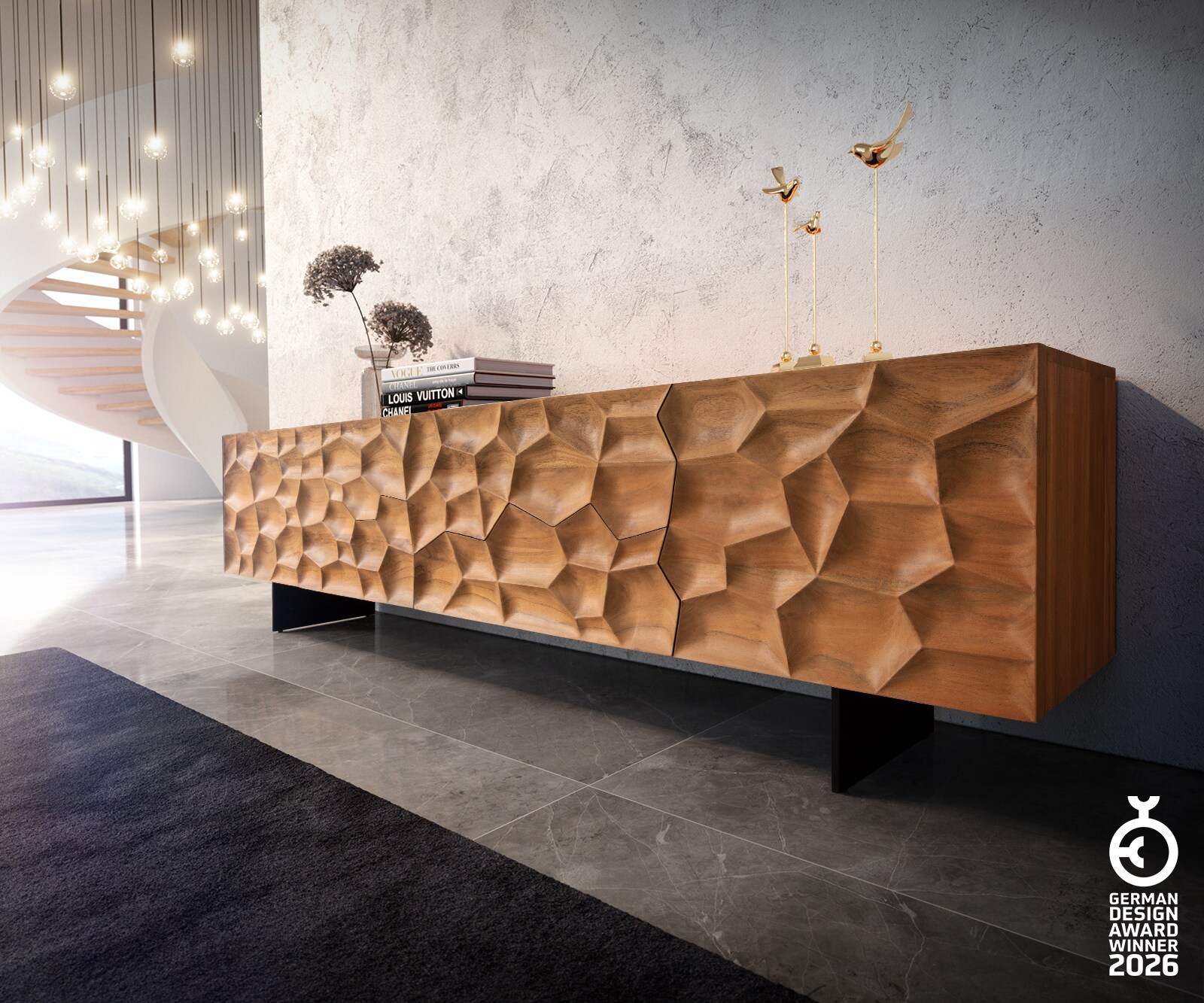 Meuble-TV Solu 220 cm acacia naturel 2 portes 4 tiroirs pied flottant métal noir façade 3D