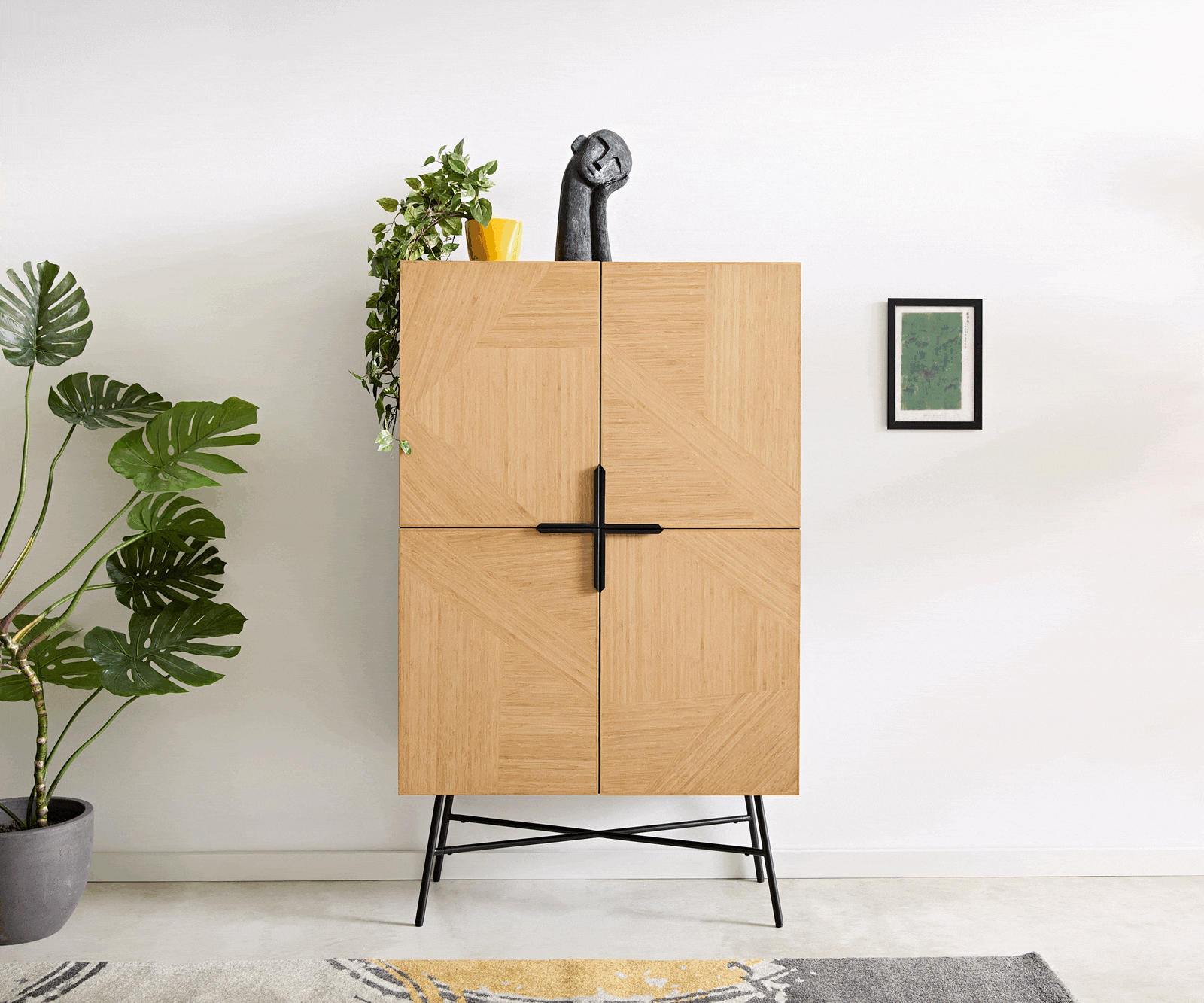 Highboard Mikkusu 90x150 cm Bambus Natur Mango Schwarz 4 Türen Metall Schwarz 1