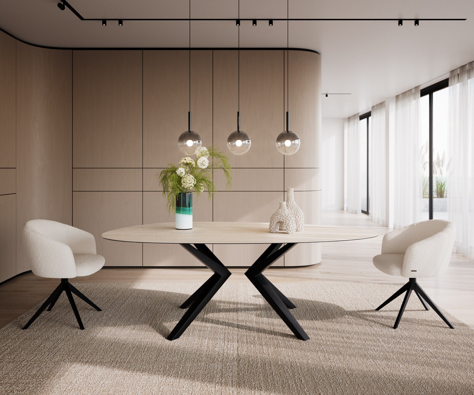 Table à manger Edge Ovale 220x120 Céramique Laminam®Travertino Bianco Crème-Blanc​ Zenthara anguleux Métal Noir 2