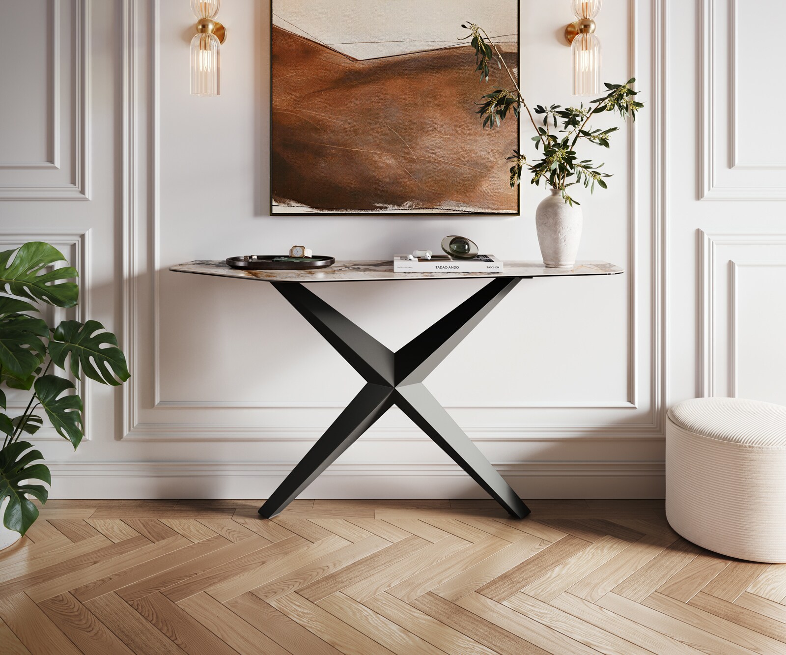 Konsolentisch Edge Polygonal 140x50 cm Keramik Patagonia Poliert Zentharo Metall Schwarz