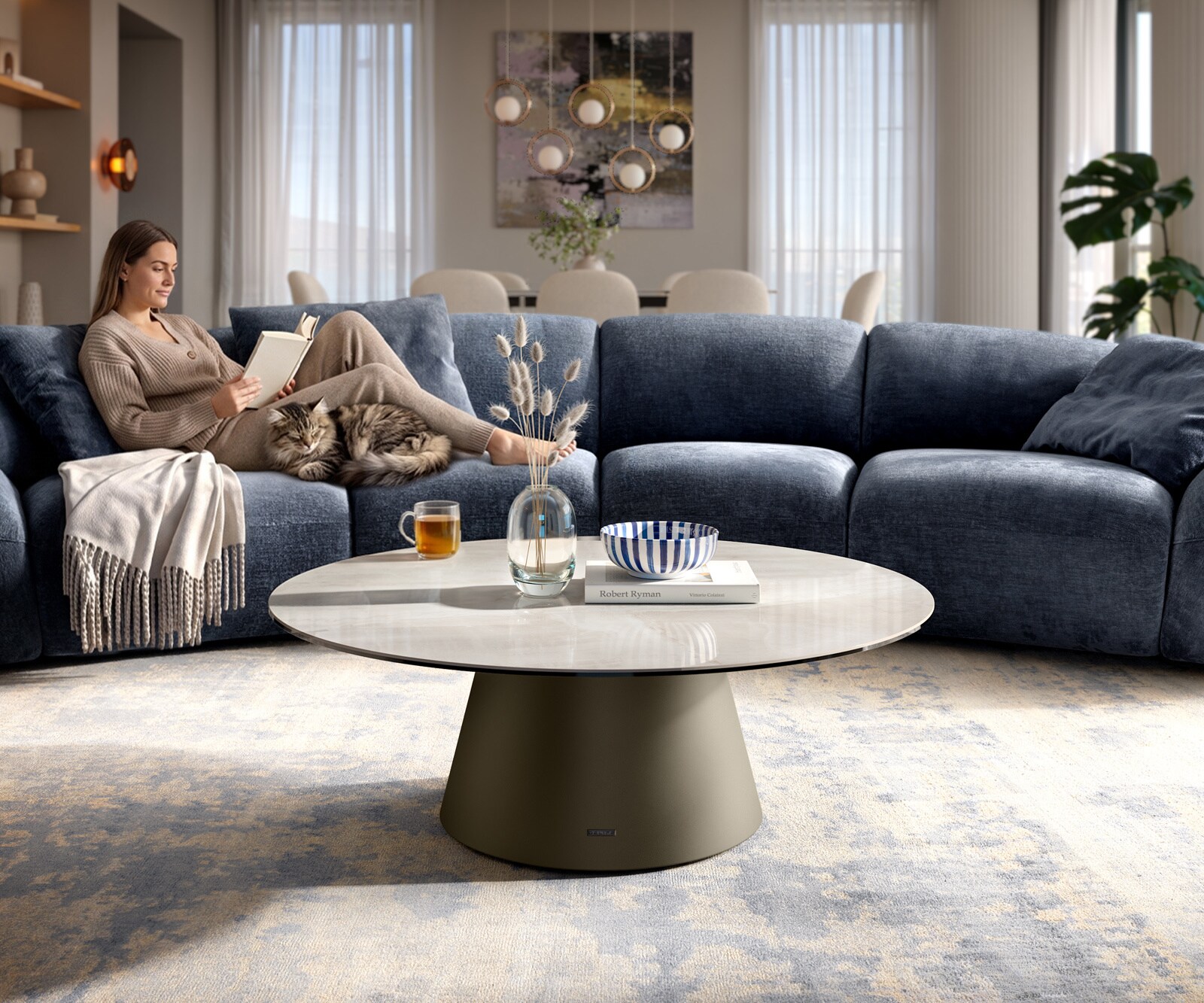 Table basse Edge ronde 100x100 cm céramique Onyx Champagne Borna finition effet titane 2