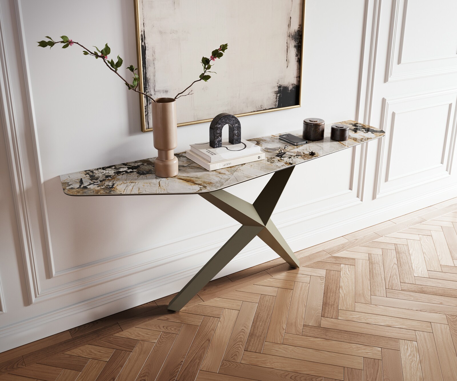 Konsolentisch Edge Polygonal 180x50 cm Keramik Patagonia Poliert Zentharo Metall Effektfinish Titan 4